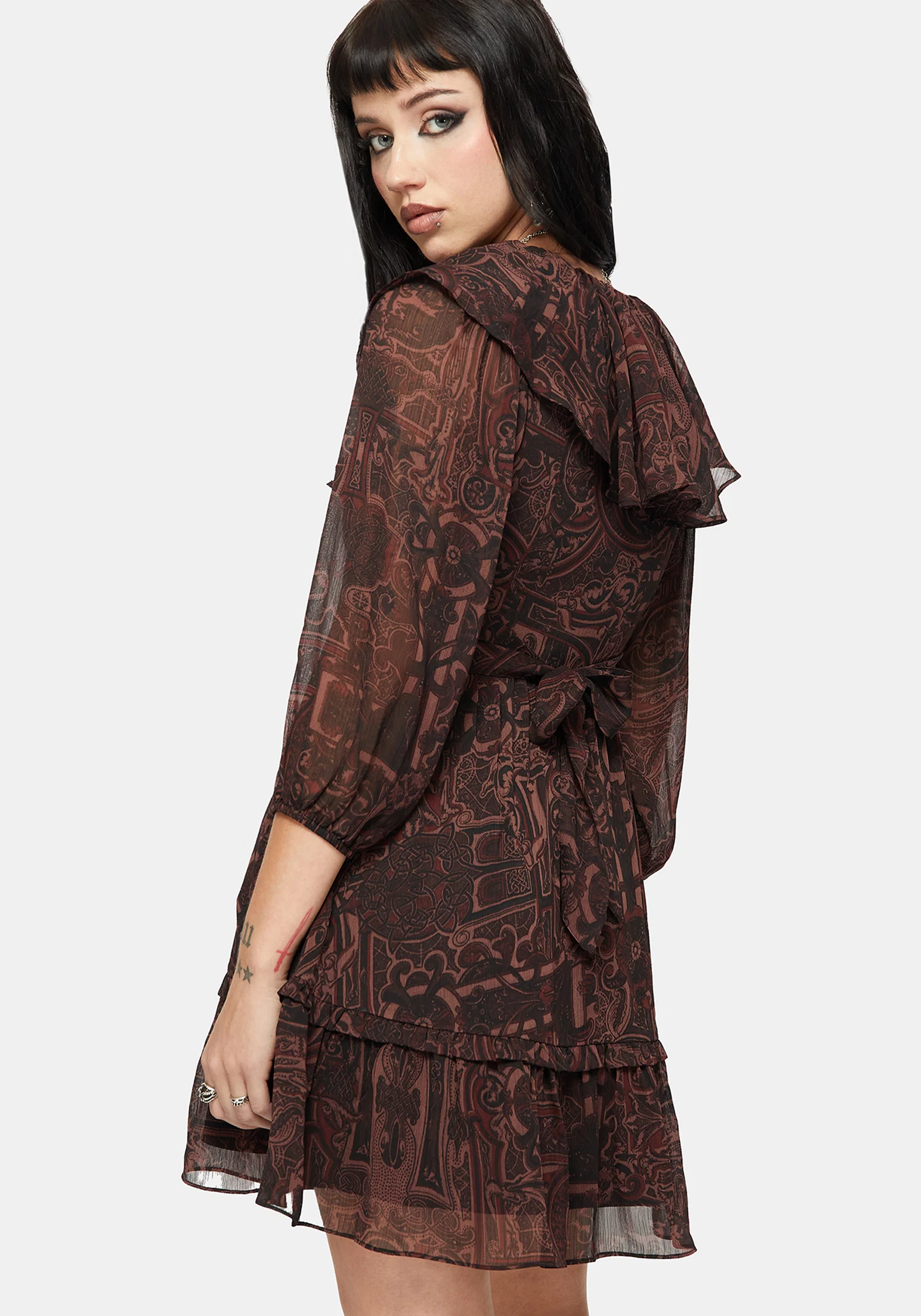 Kells Printed Tie Back Frill Mini Dress - Image 3