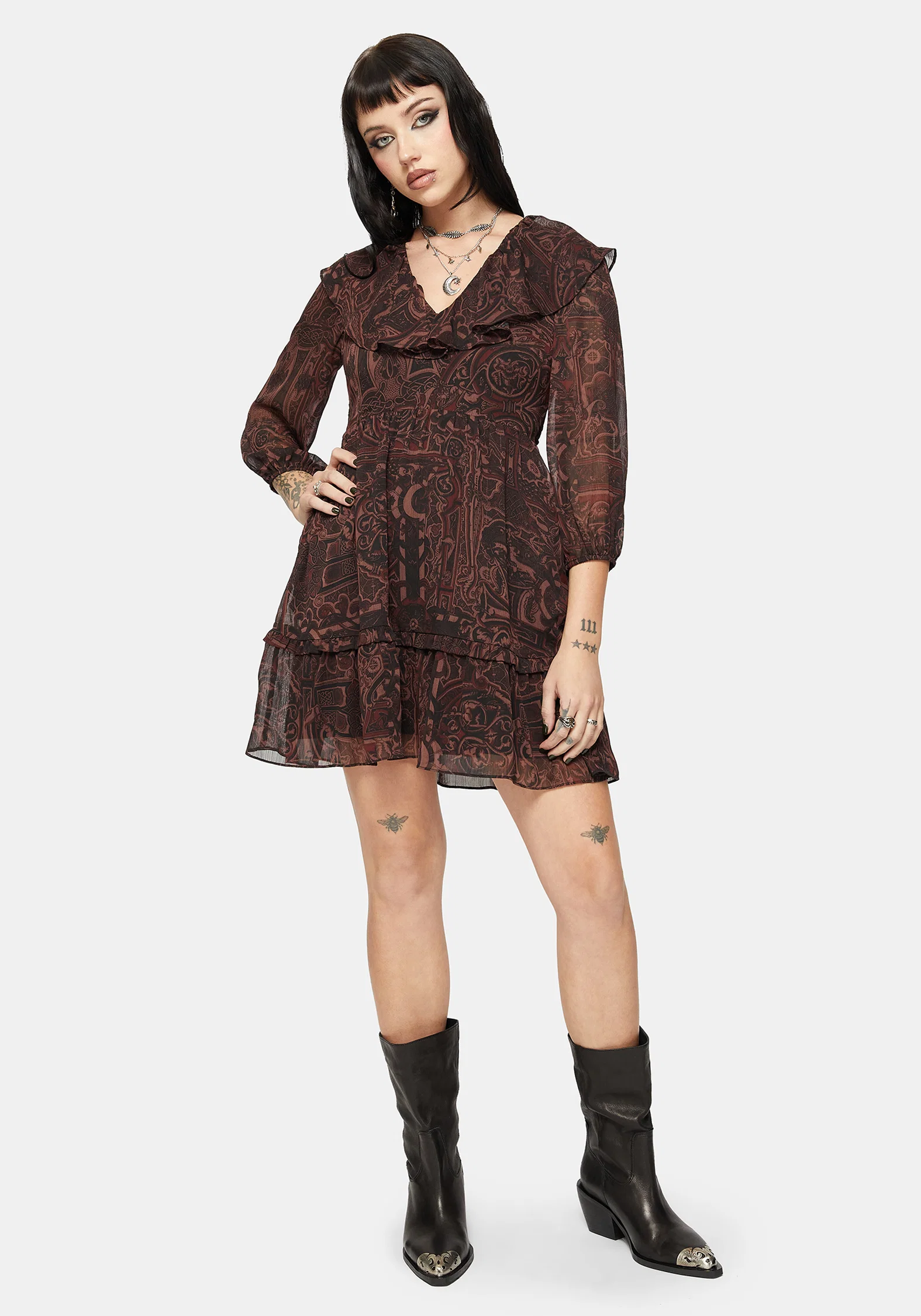 Kells Printed Tie Back Frill Mini Dress - Image 6