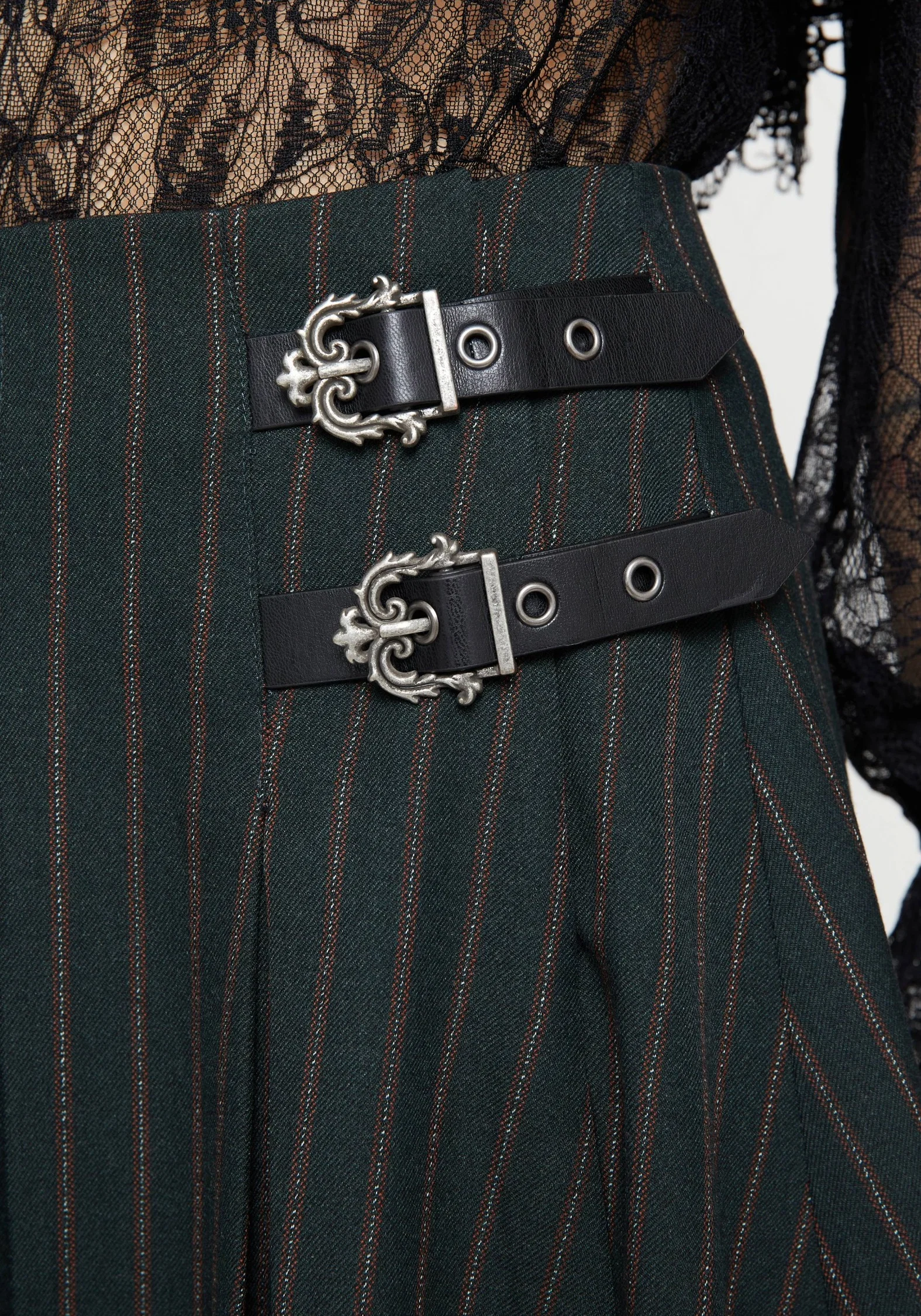 Kera Green Pinstripe Buckle Detail Mini Pleated Skirt - Image 2
