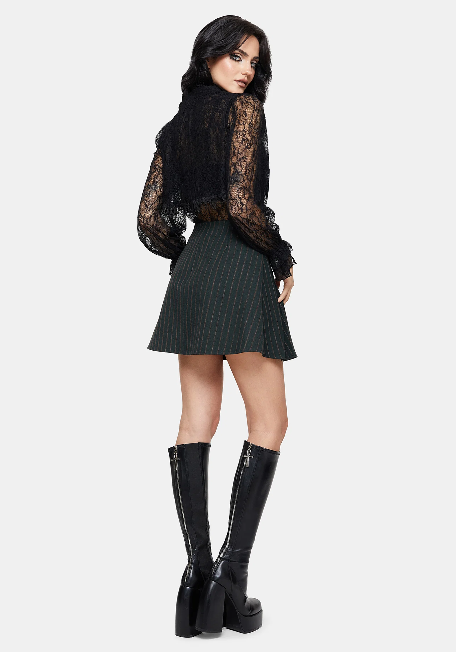 Kera Green Pinstripe Buckle Detail Mini Pleated Skirt - Image 3