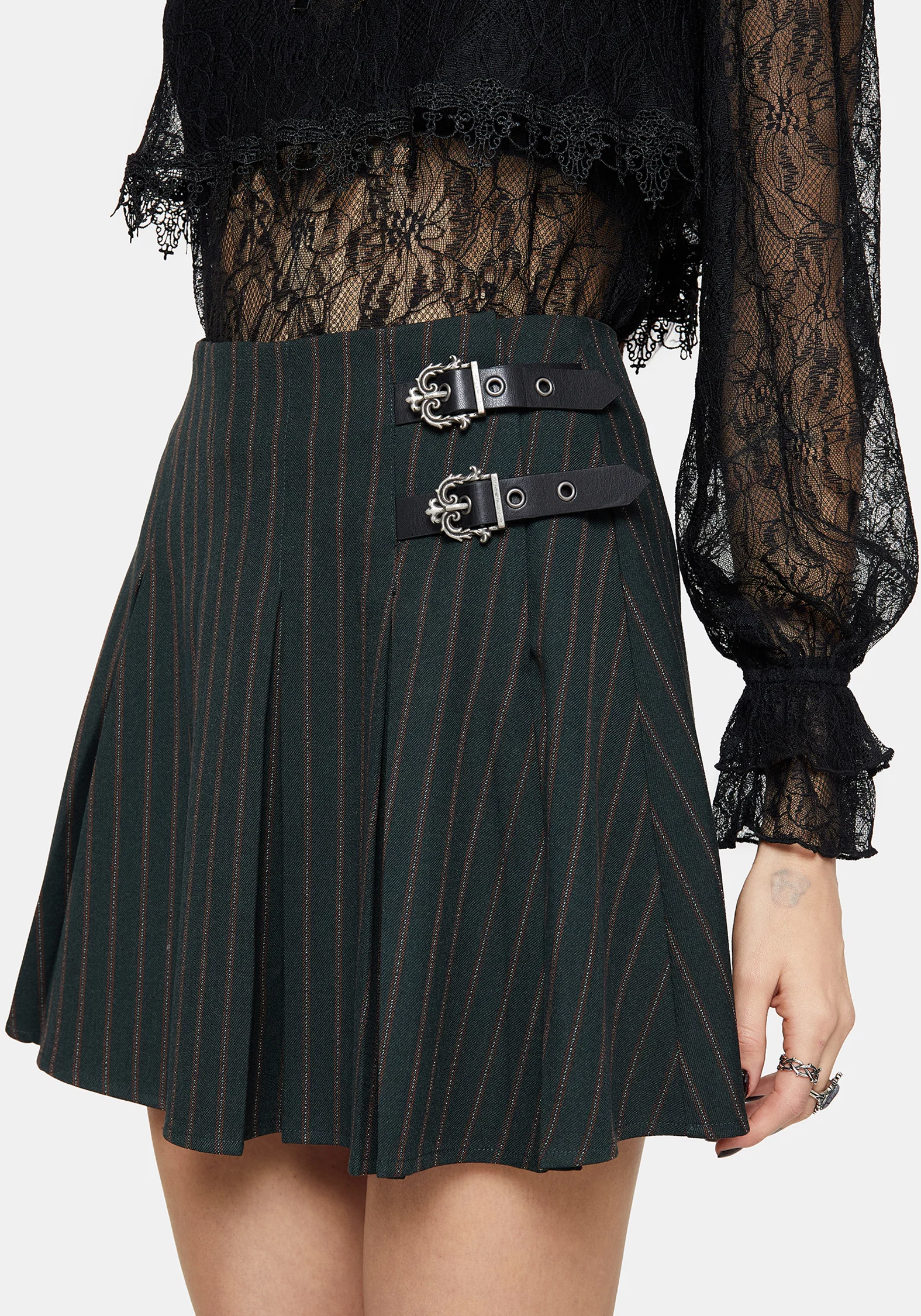 Kera Green Pinstripe Buckle Detail Mini Pleated Skirt - Image 5