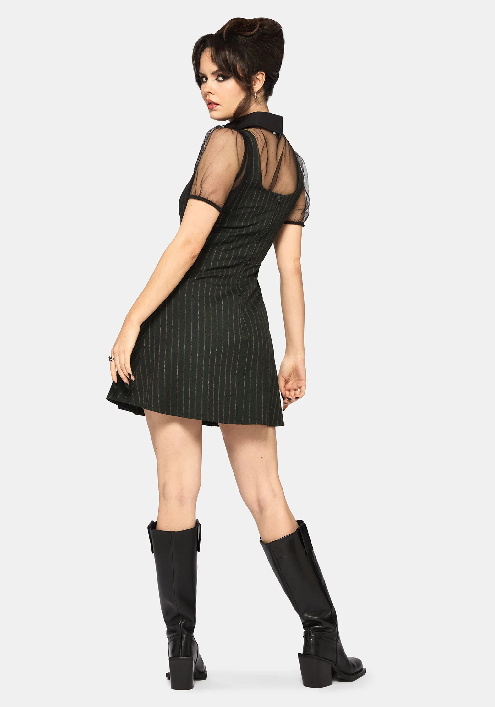 Kera Green Pinstripe Pleated Mini Dress - Image 3