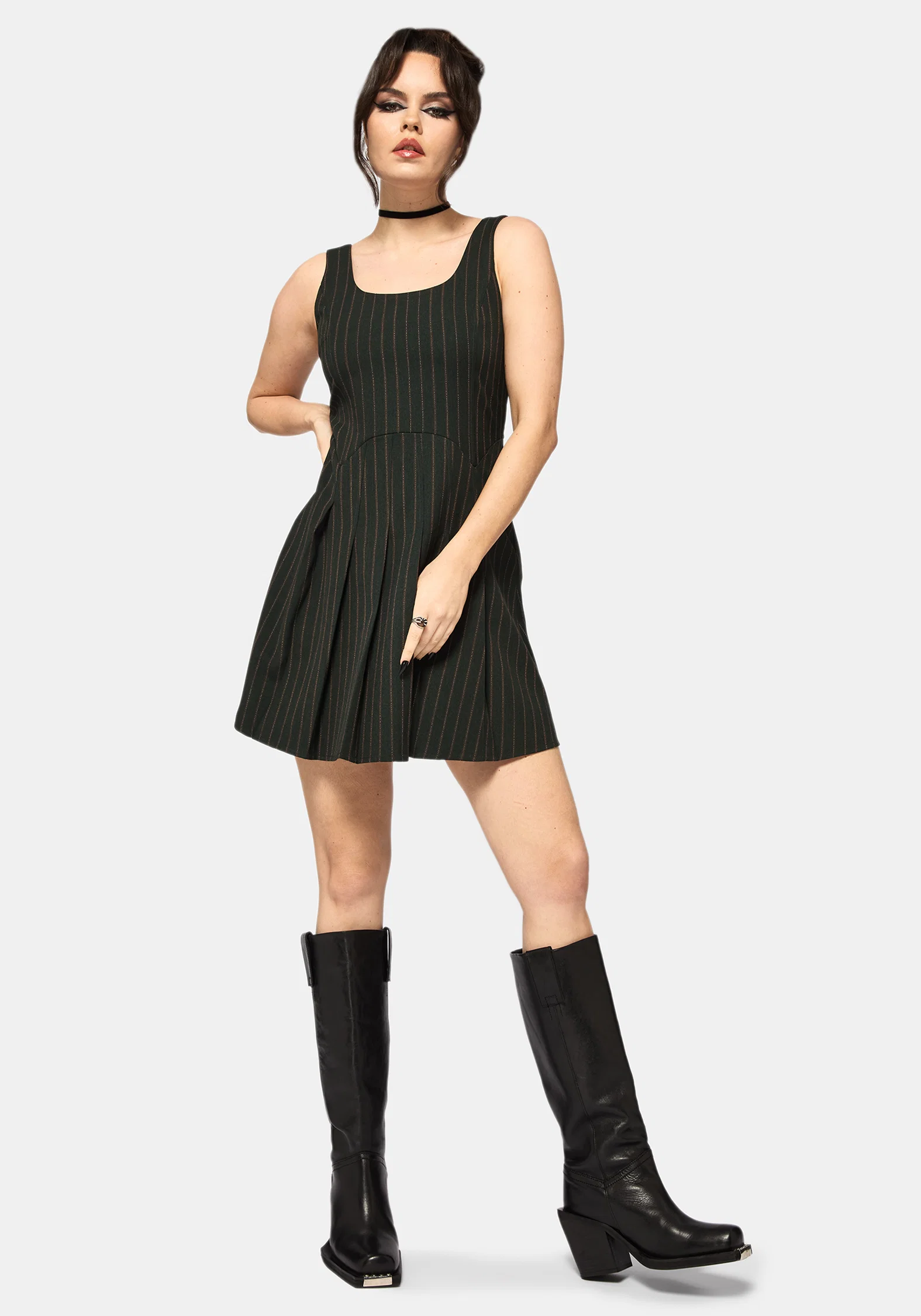 Kera Green Pinstripe Pleated Mini Dress - Image 5