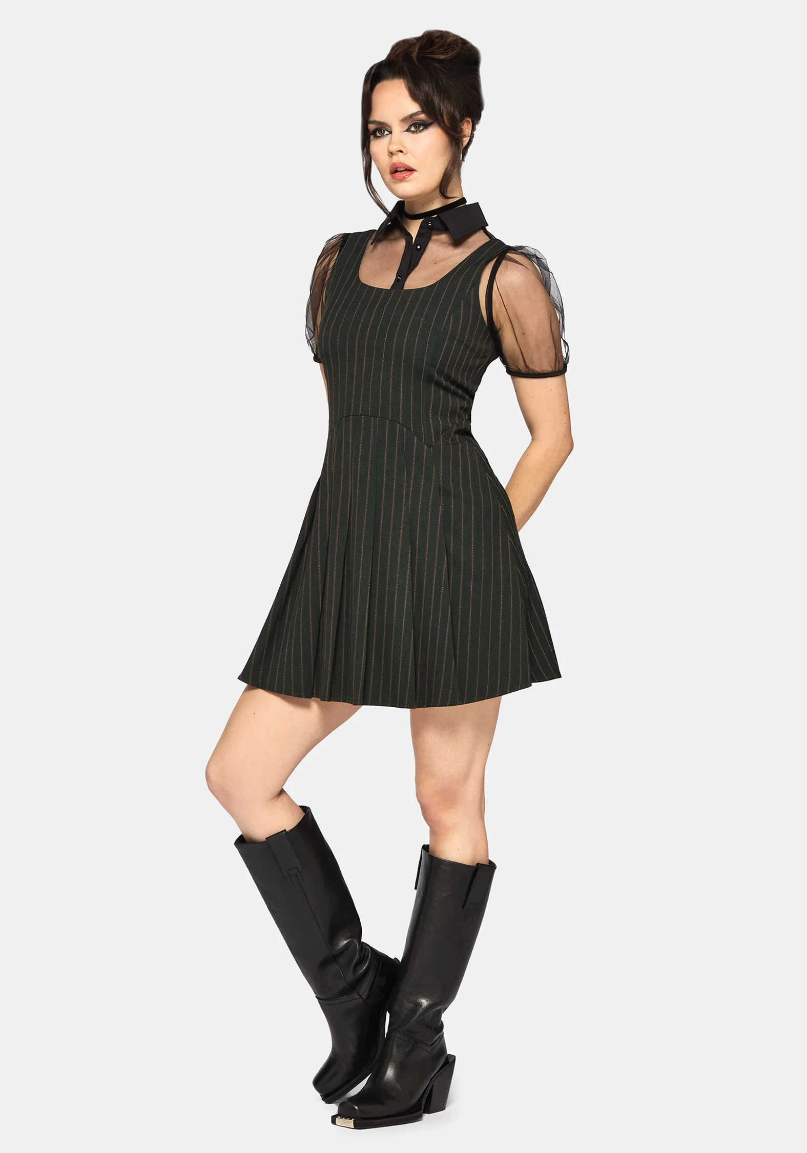 Kera Green Pinstripe Pleated Mini Dress - Image 6