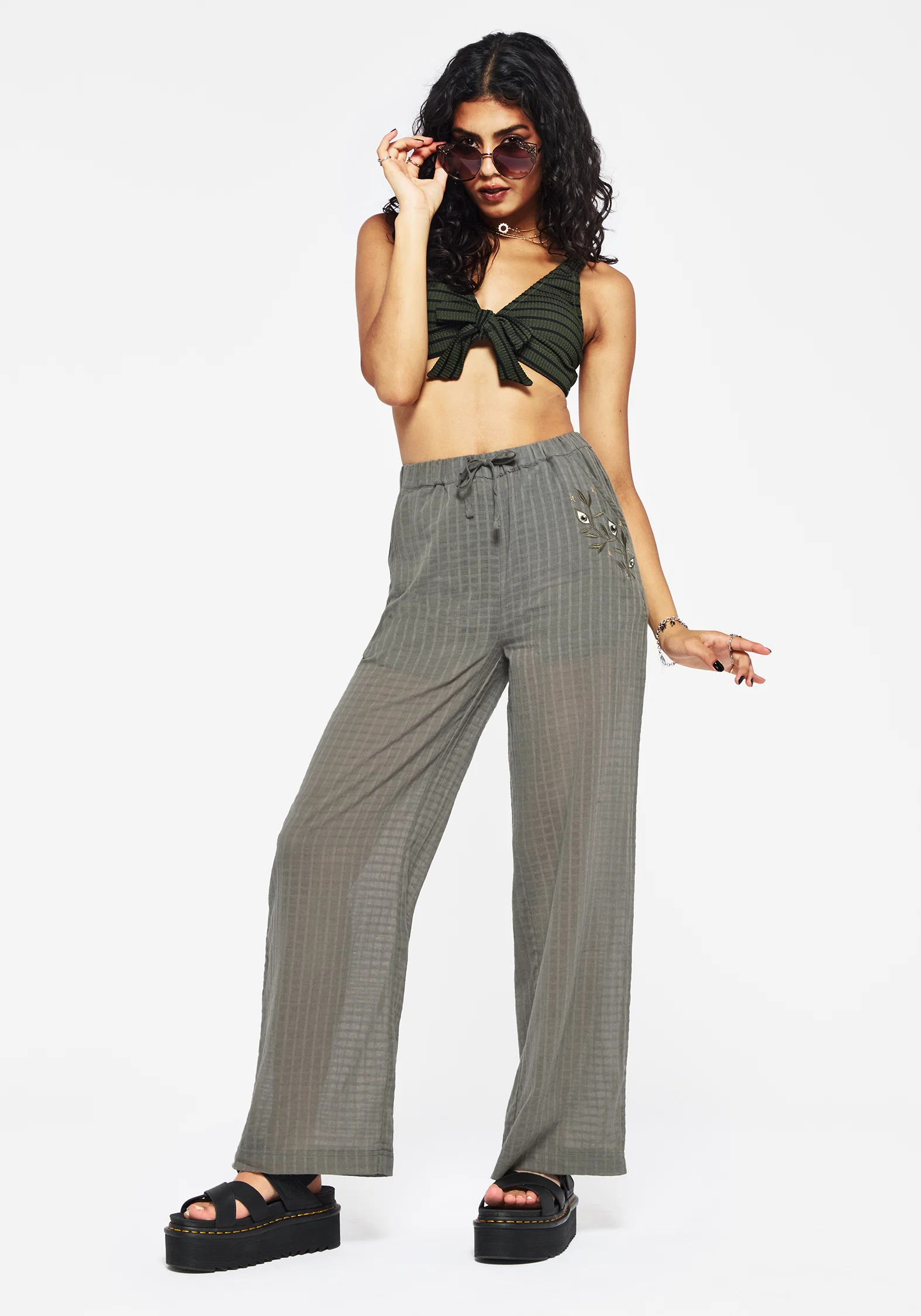 Koax Cotton Check Embroidered Beach Trouser - Image 4