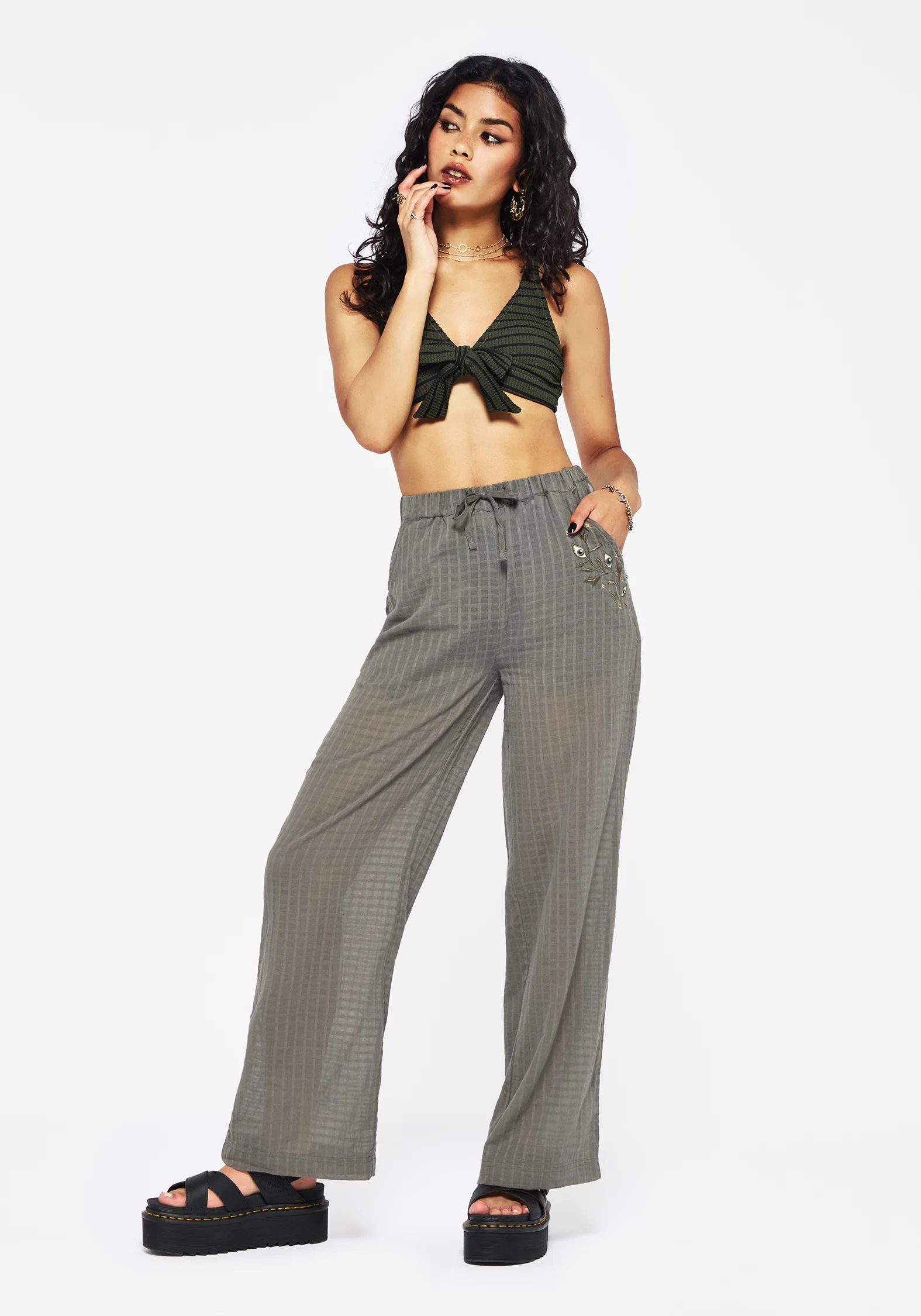 Koax Cotton Check Embroidered Beach Trouser - Image 6