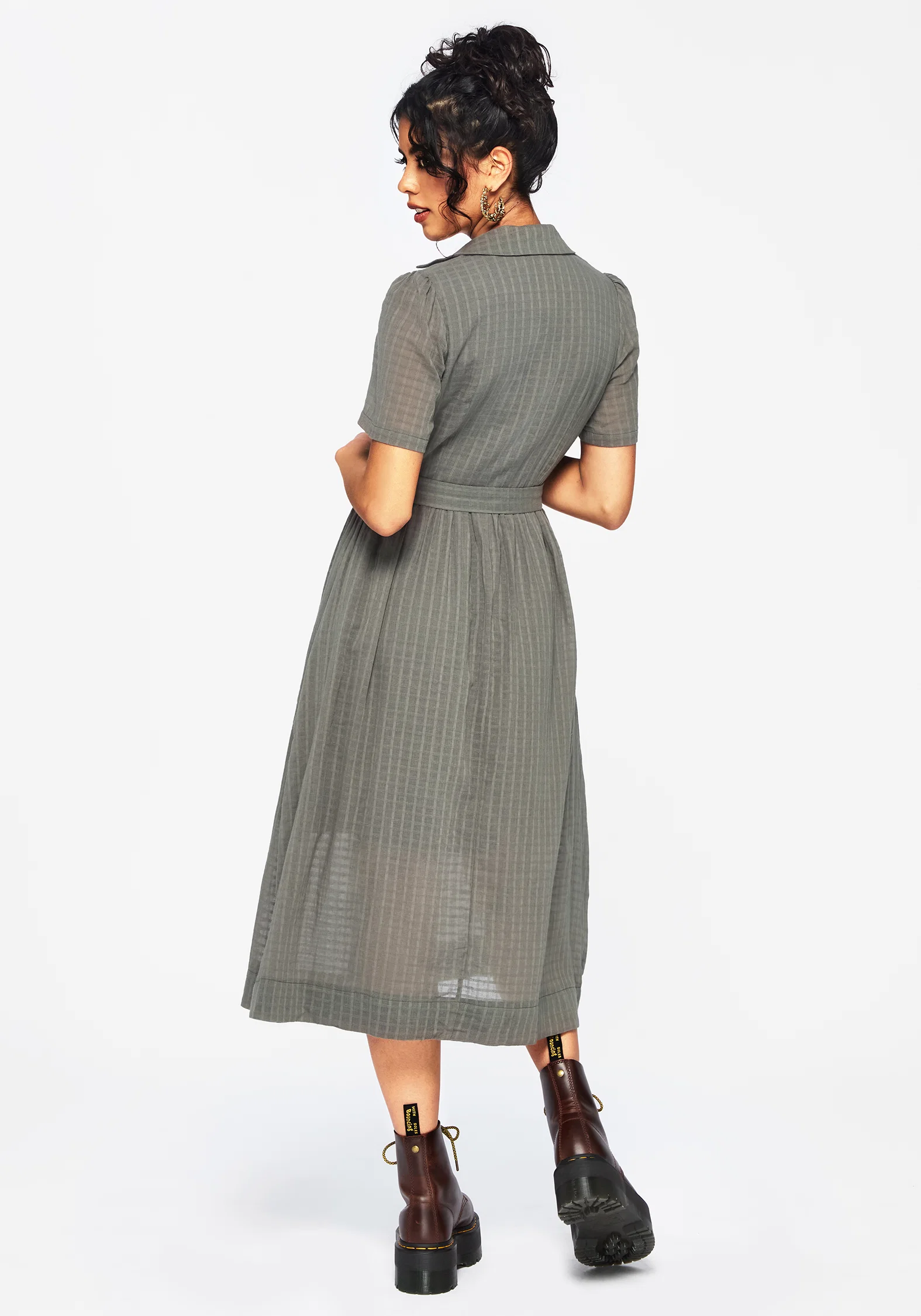 Koax Cotton Check Embroidered Button Up Midi Shirt Dress - Image 3
