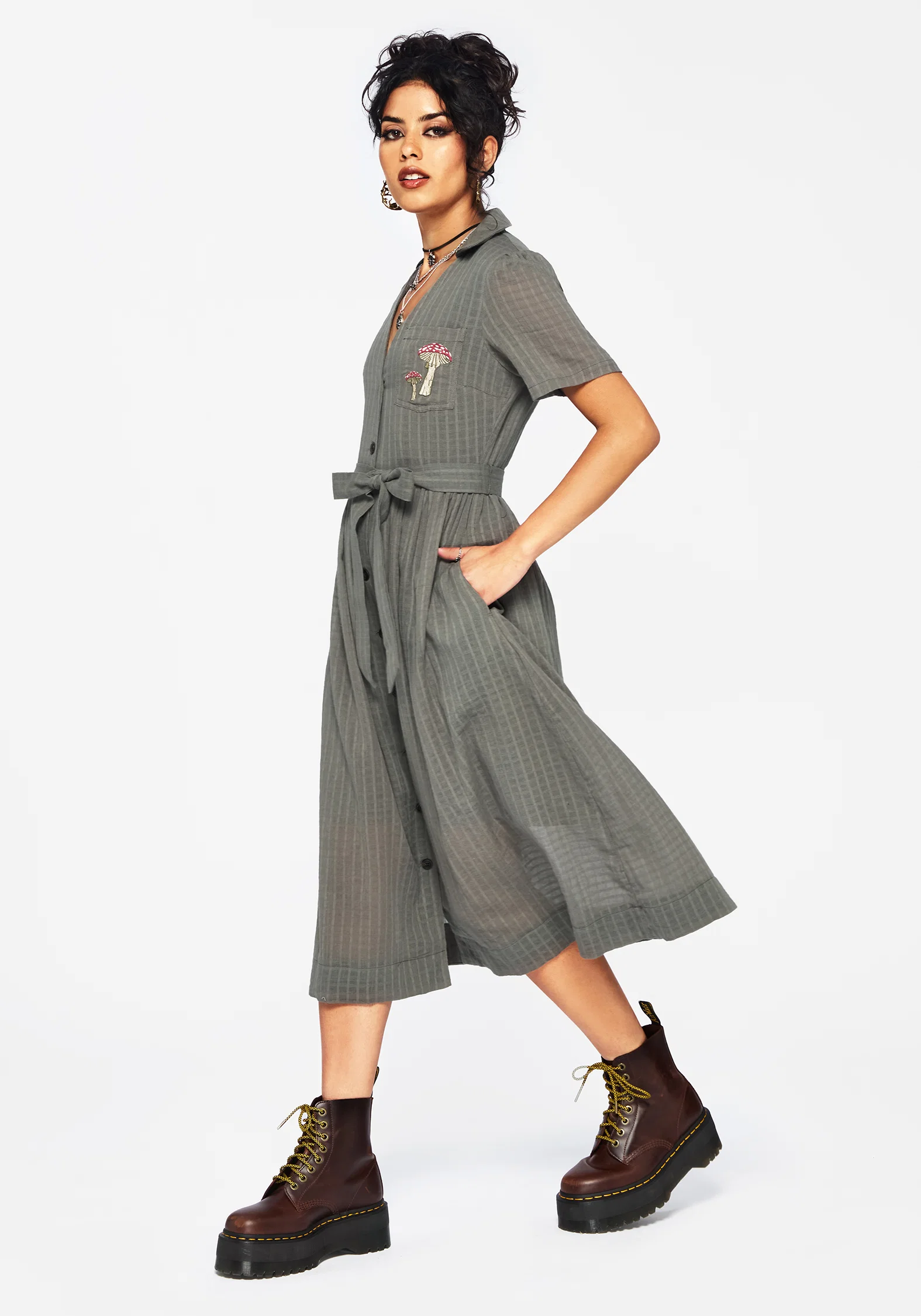 Koax Cotton Check Embroidered Button Up Midi Shirt Dress - Image 4