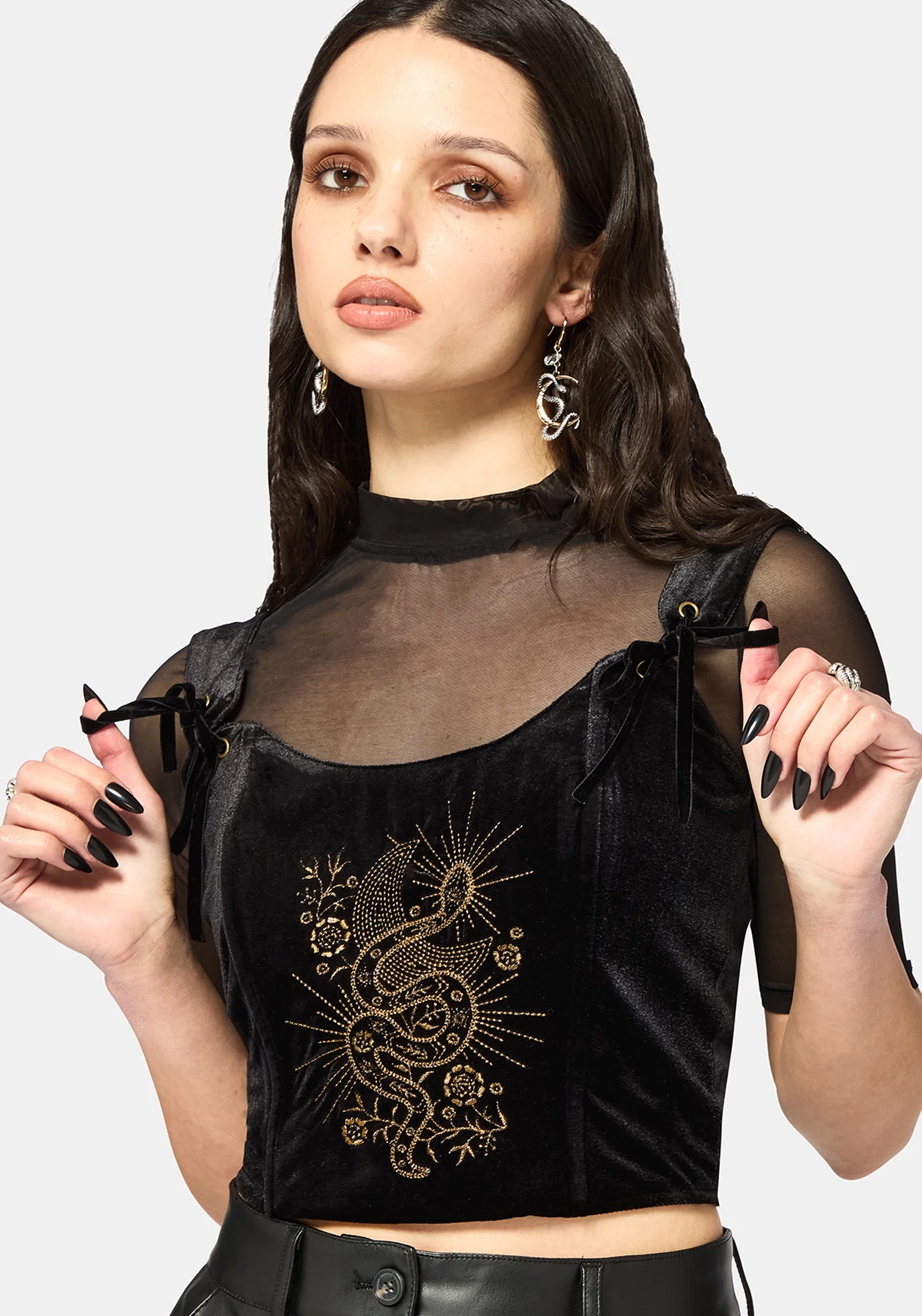 Kobra Velour Embroidered Tie Strap Corset Top - Image 5