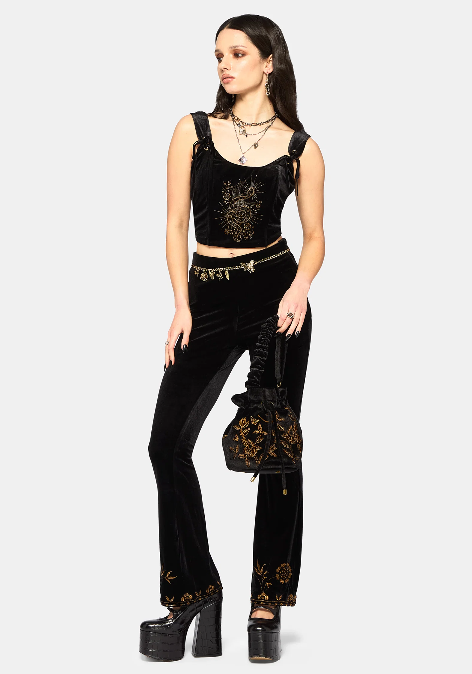 Kobra Velour Embroidered Tie Strap Corset Top - Image 6