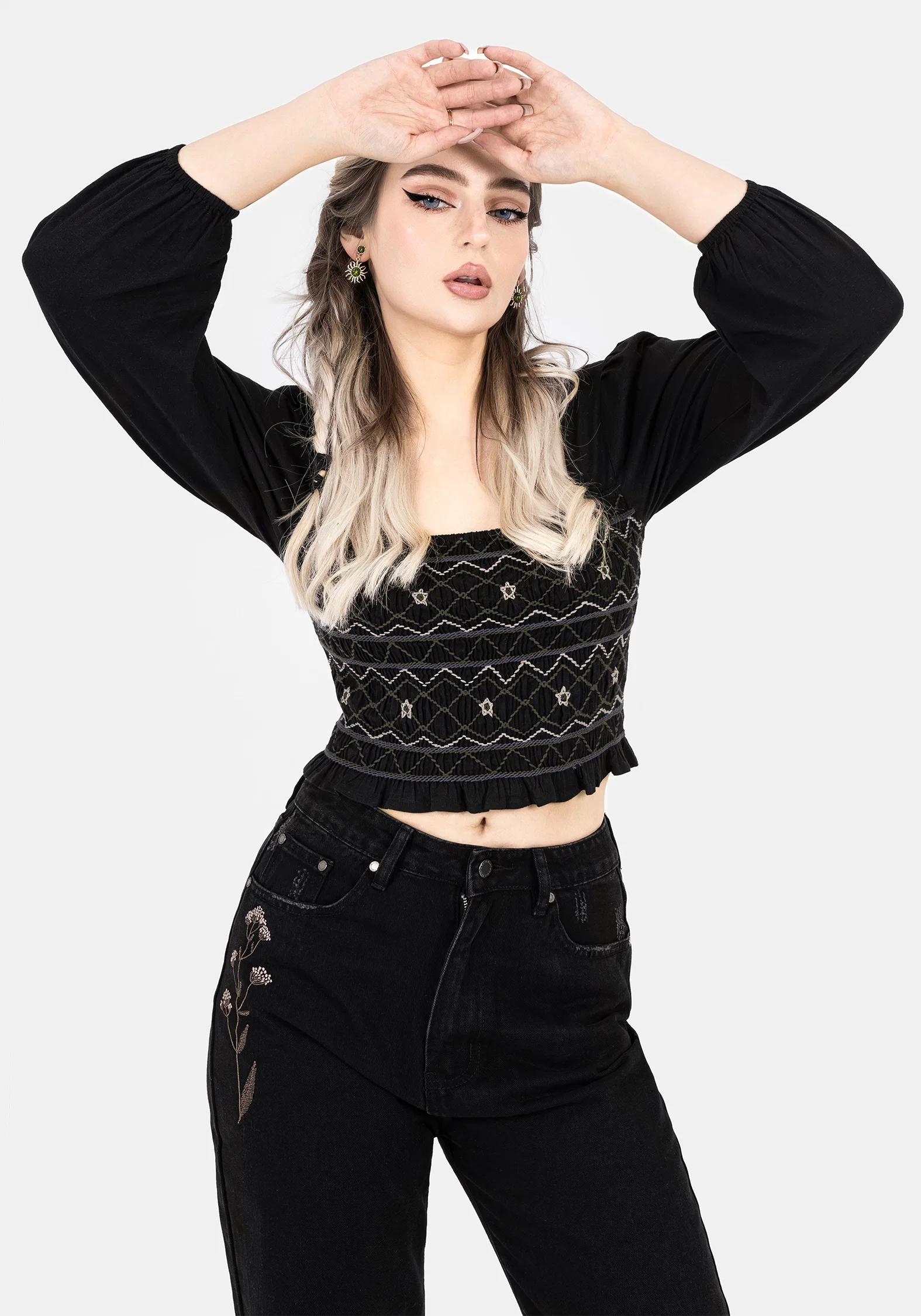 Larissa Hand Embroidered Smocked Puff Sleeve Top - Image 6