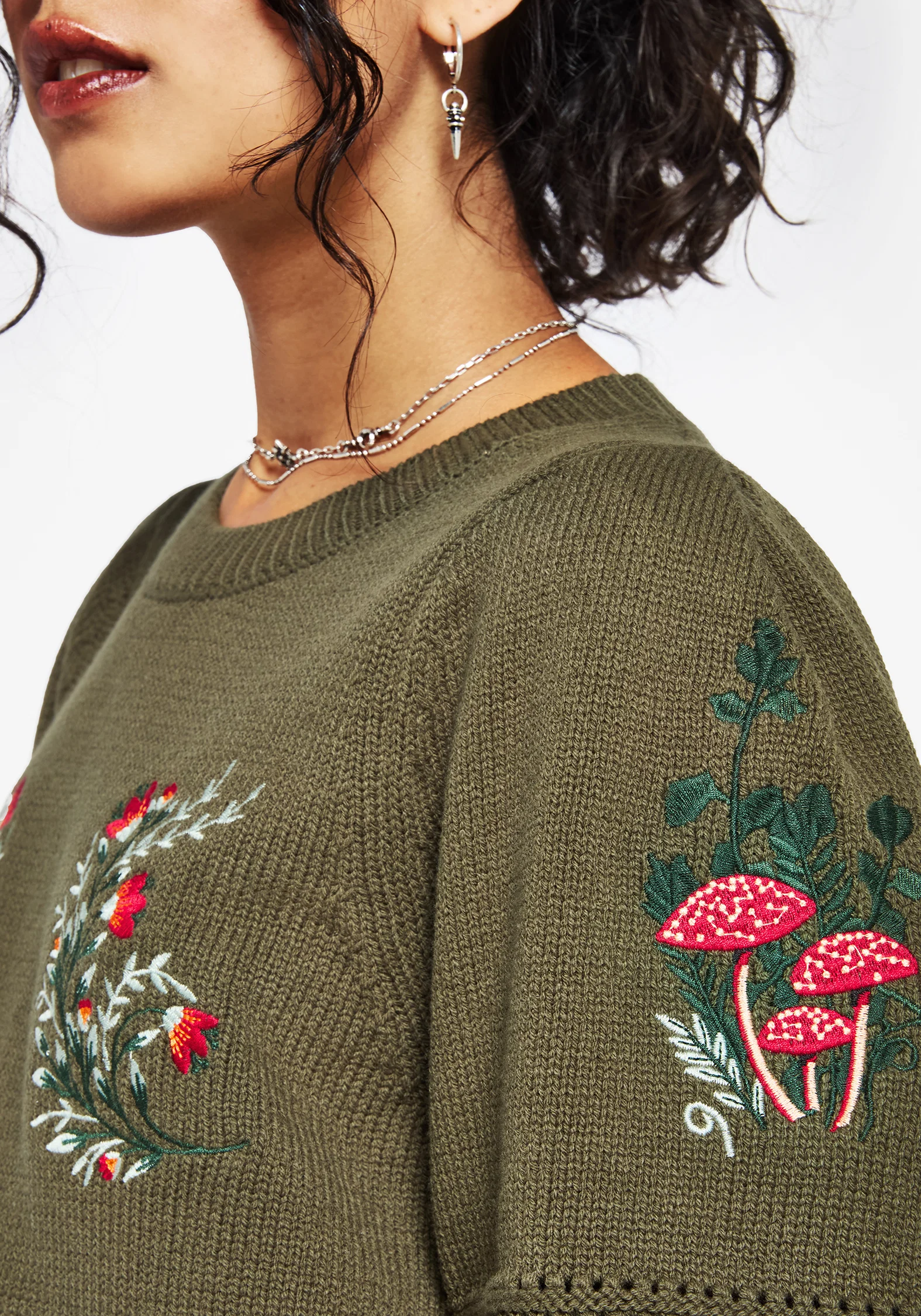 Lavish Mushroom Embroidered Short Sleeve Knit Top - Image 2