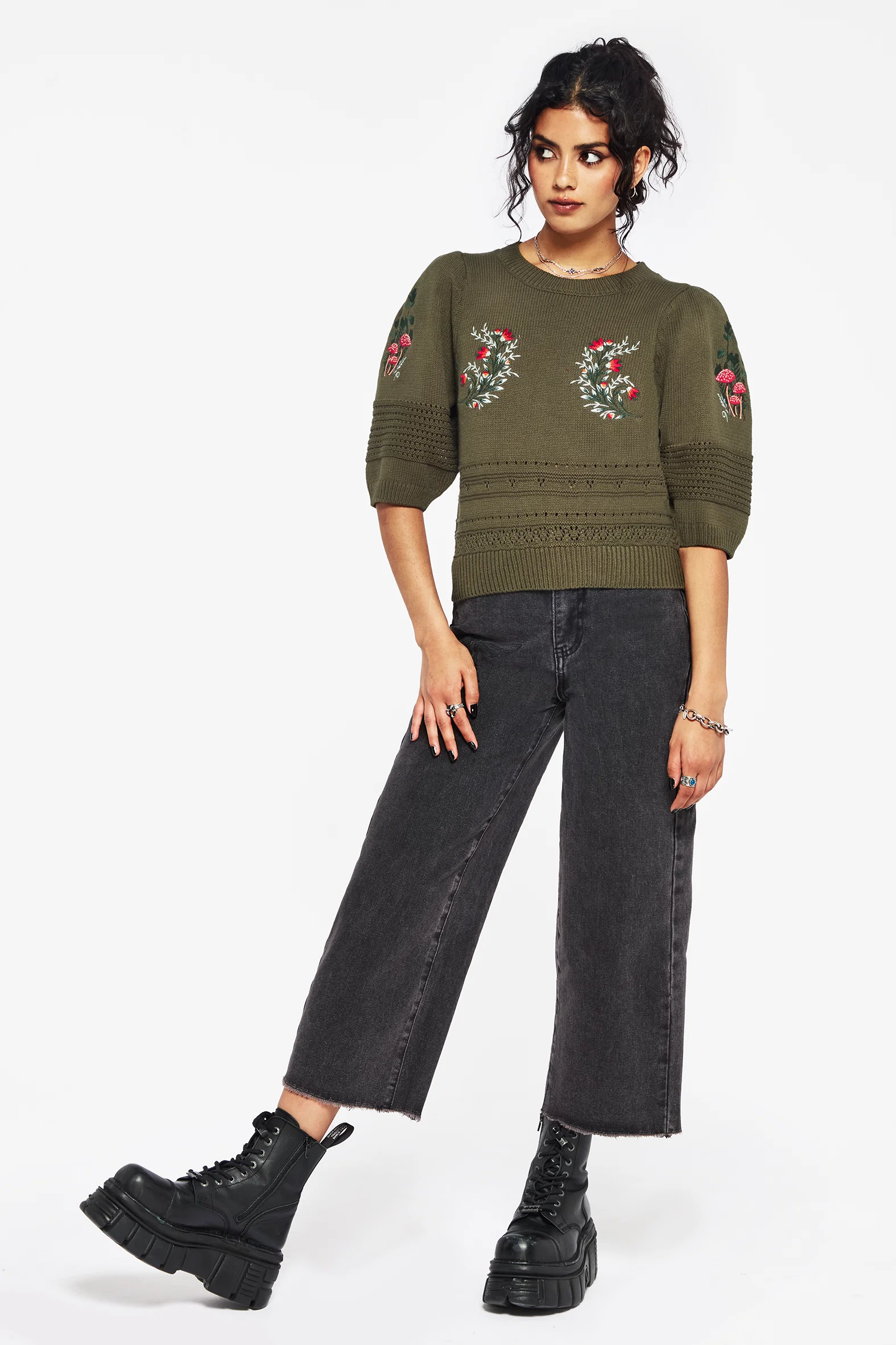 Lavish Mushroom Embroidered Short Sleeve Knit Top - Image 5
