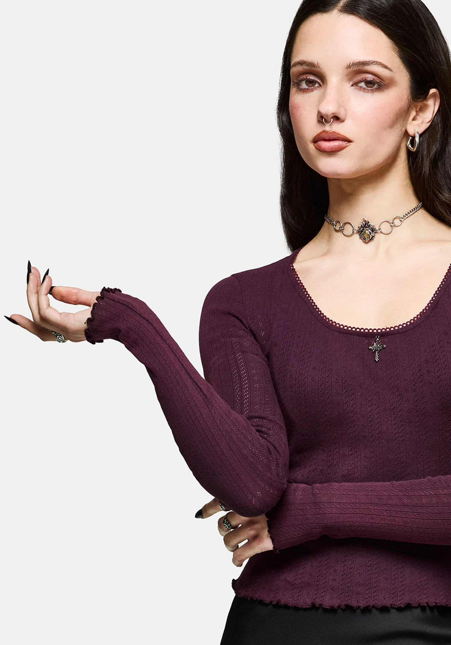 Lucera Long Sleeve Pointelle Scoop Neck Top - Burgundy - Image 2