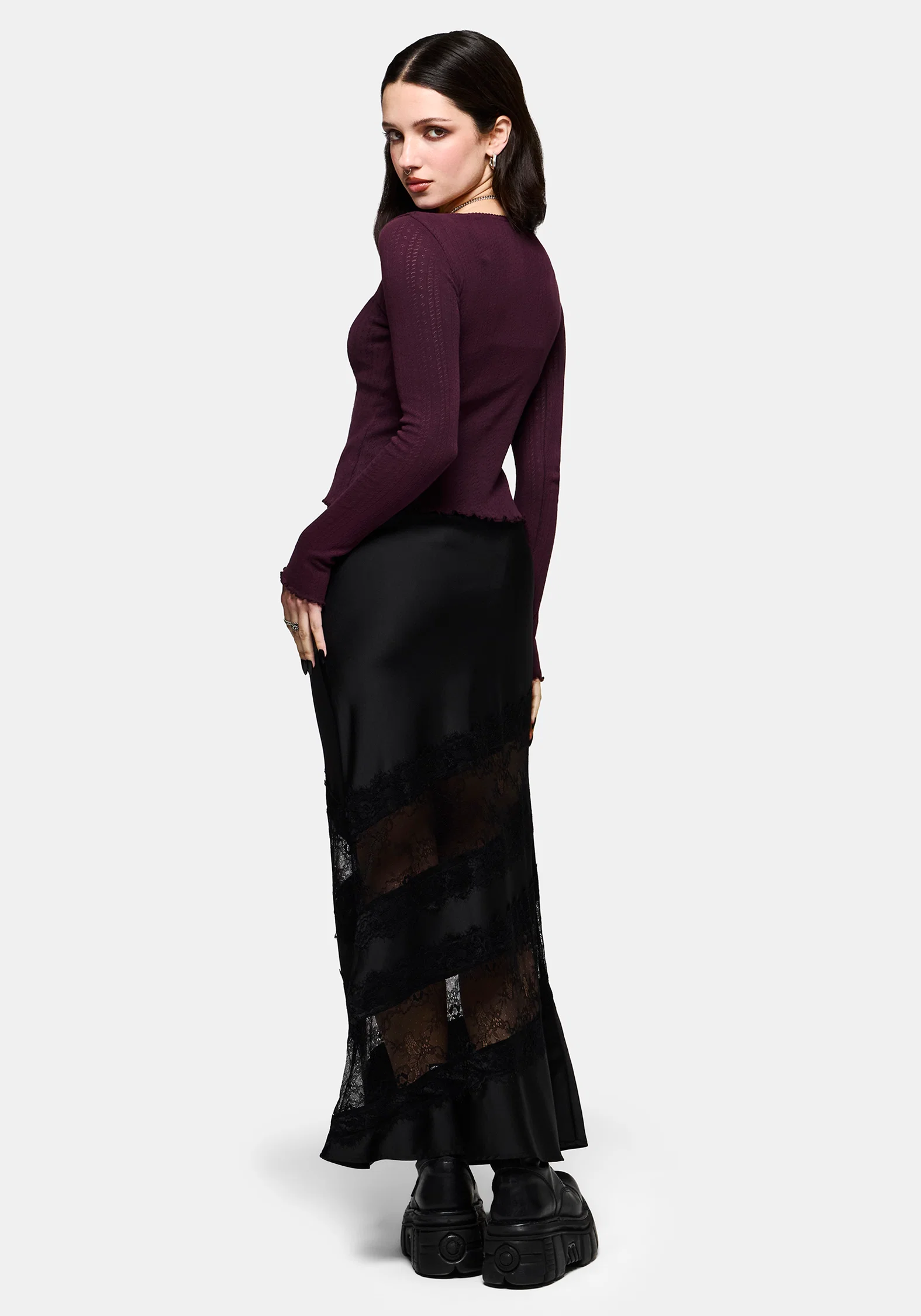 Lucera Long Sleeve Pointelle Scoop Neck Top - Burgundy - Image 3