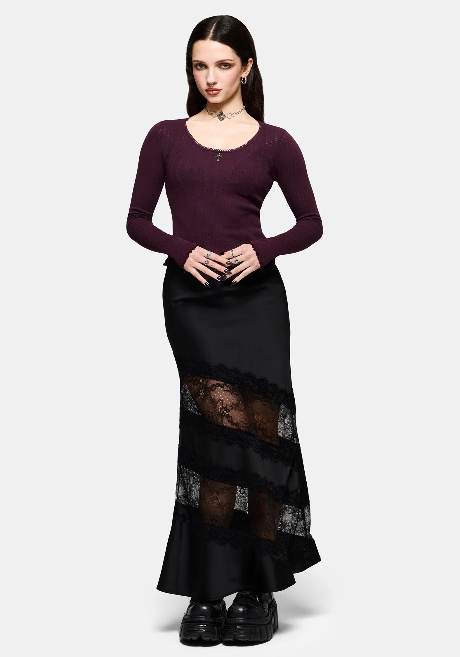Lucera Long Sleeve Pointelle Scoop Neck Top - Burgundy - Image 5