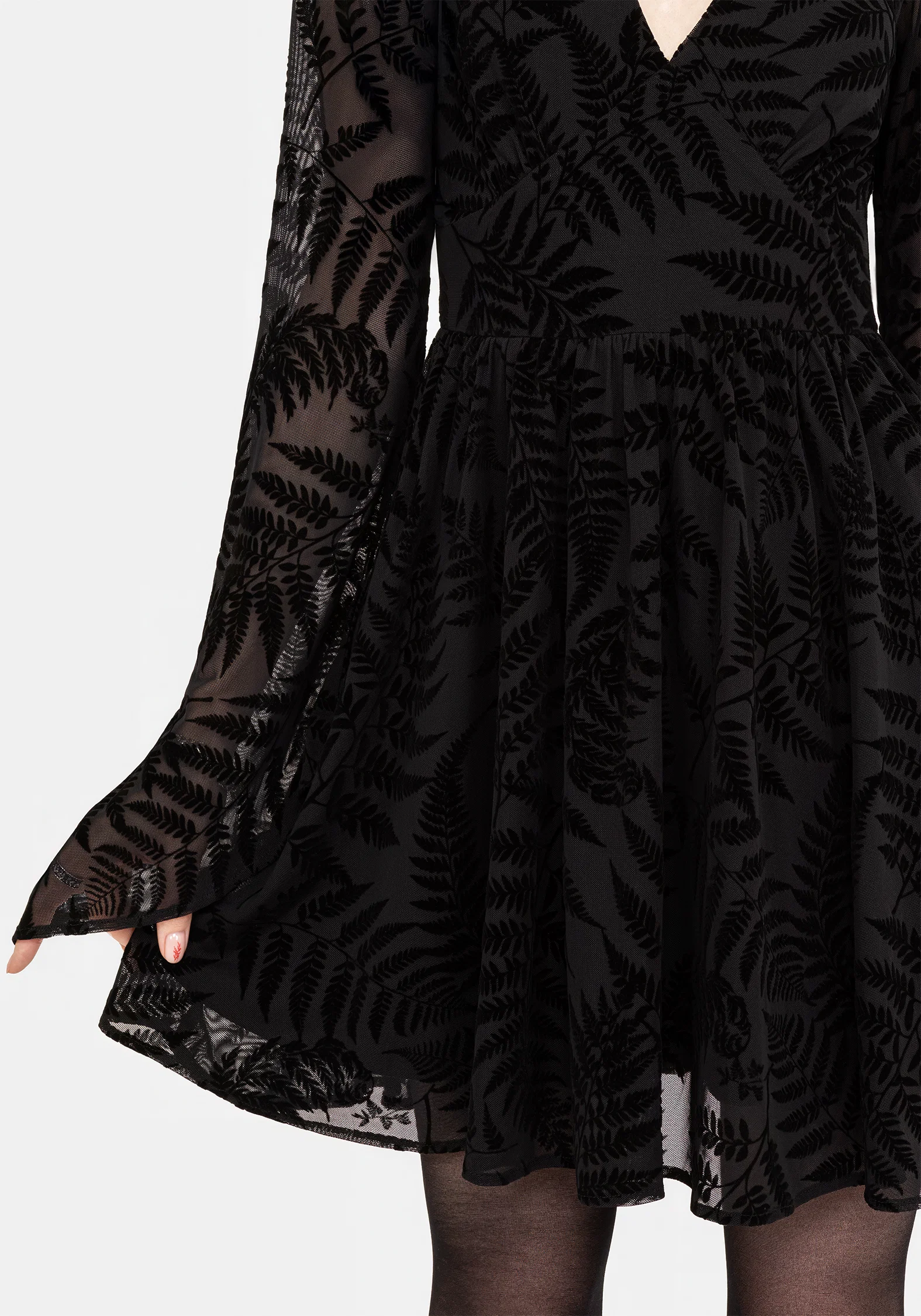 Lunafern Fern Leaf Flocked Mesh Flute Sleeve Mini Dress - Image 2