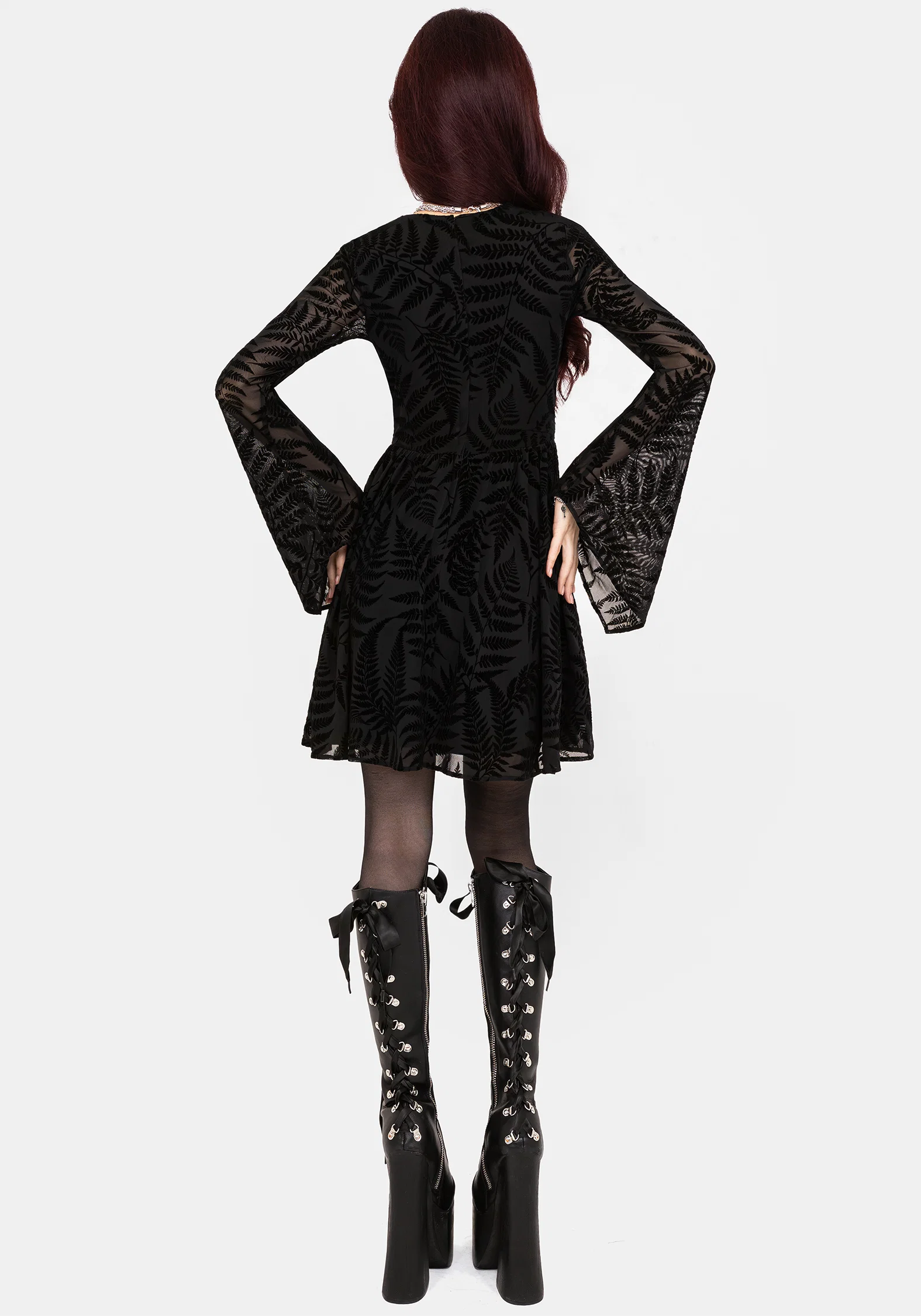 Lunafern Fern Leaf Flocked Mesh Flute Sleeve Mini Dress - Image 3
