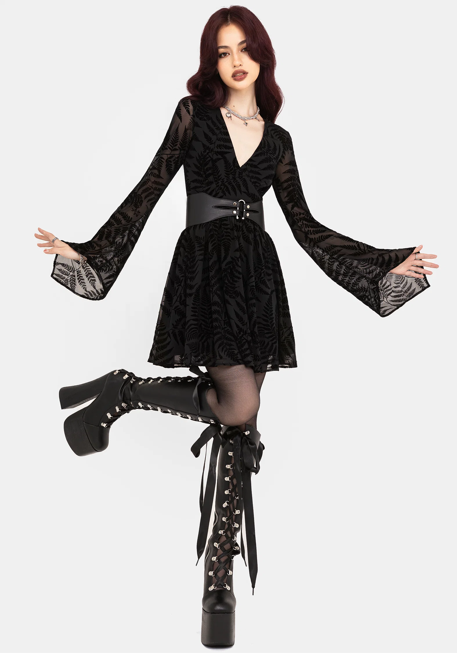 Lunafern Fern Leaf Flocked Mesh Flute Sleeve Mini Dress - Image 4