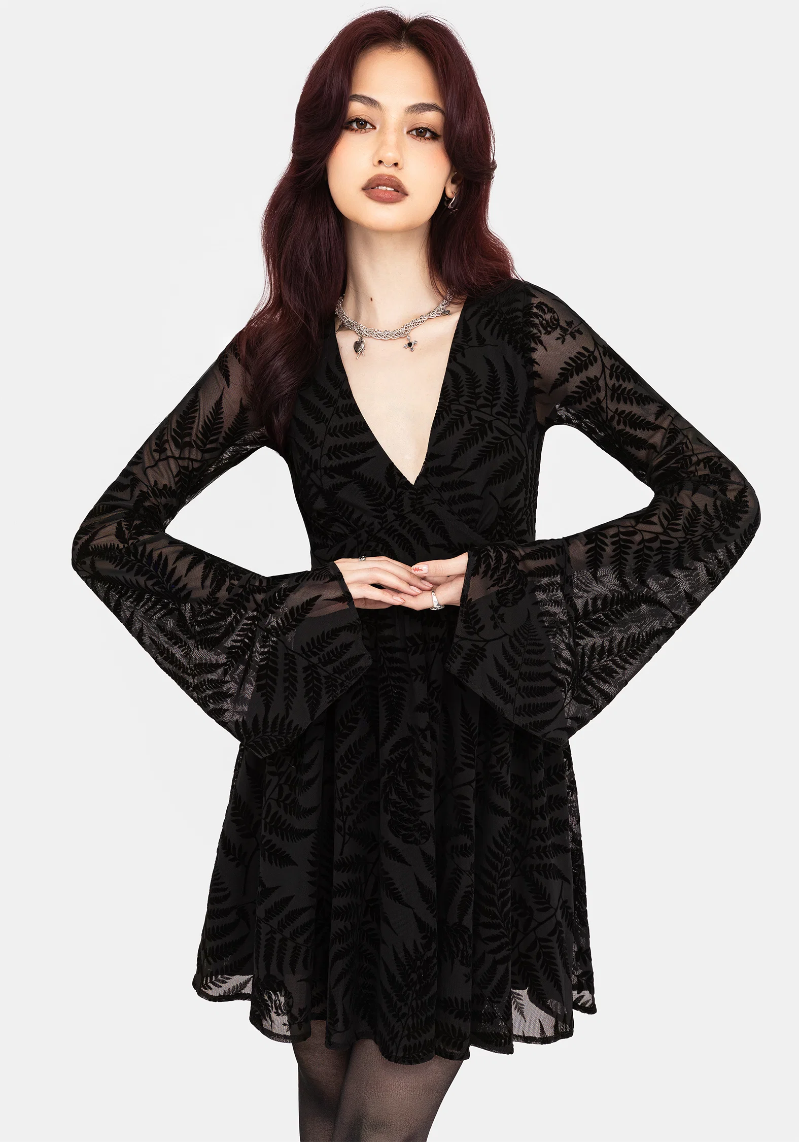 Lunafern Fern Leaf Flocked Mesh Flute Sleeve Mini Dress - Image 5