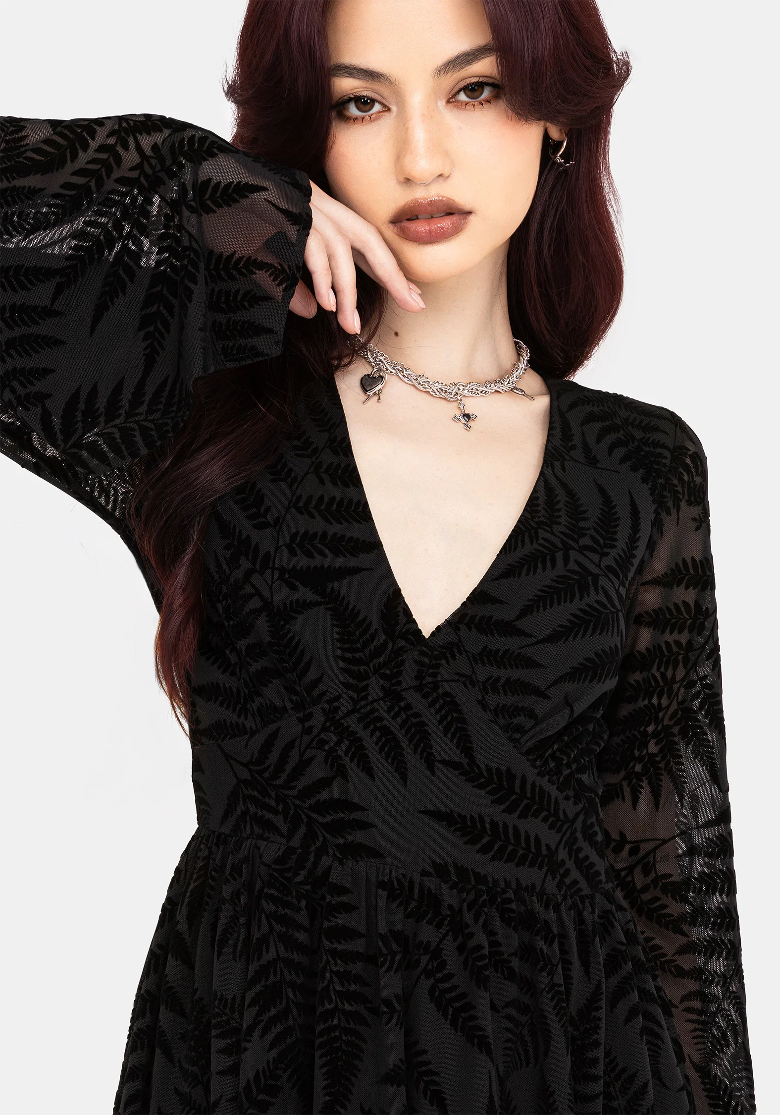 Lunafern Fern Leaf Flocked Mesh Flute Sleeve Mini Dress - Image 6