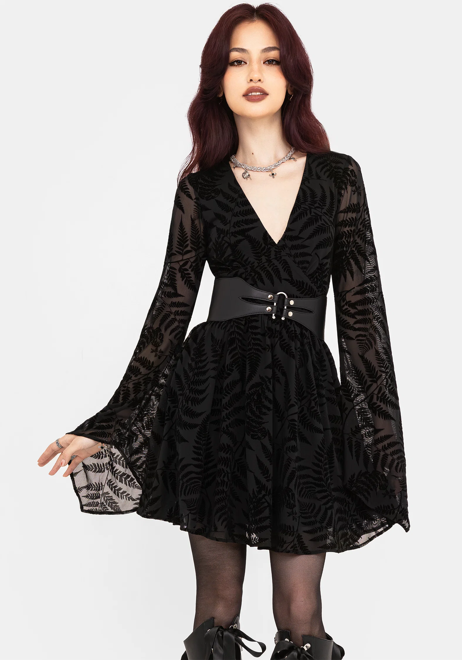 Lunafern Fern Leaf Flocked Mesh Flute Sleeve Mini Dress - Image 7