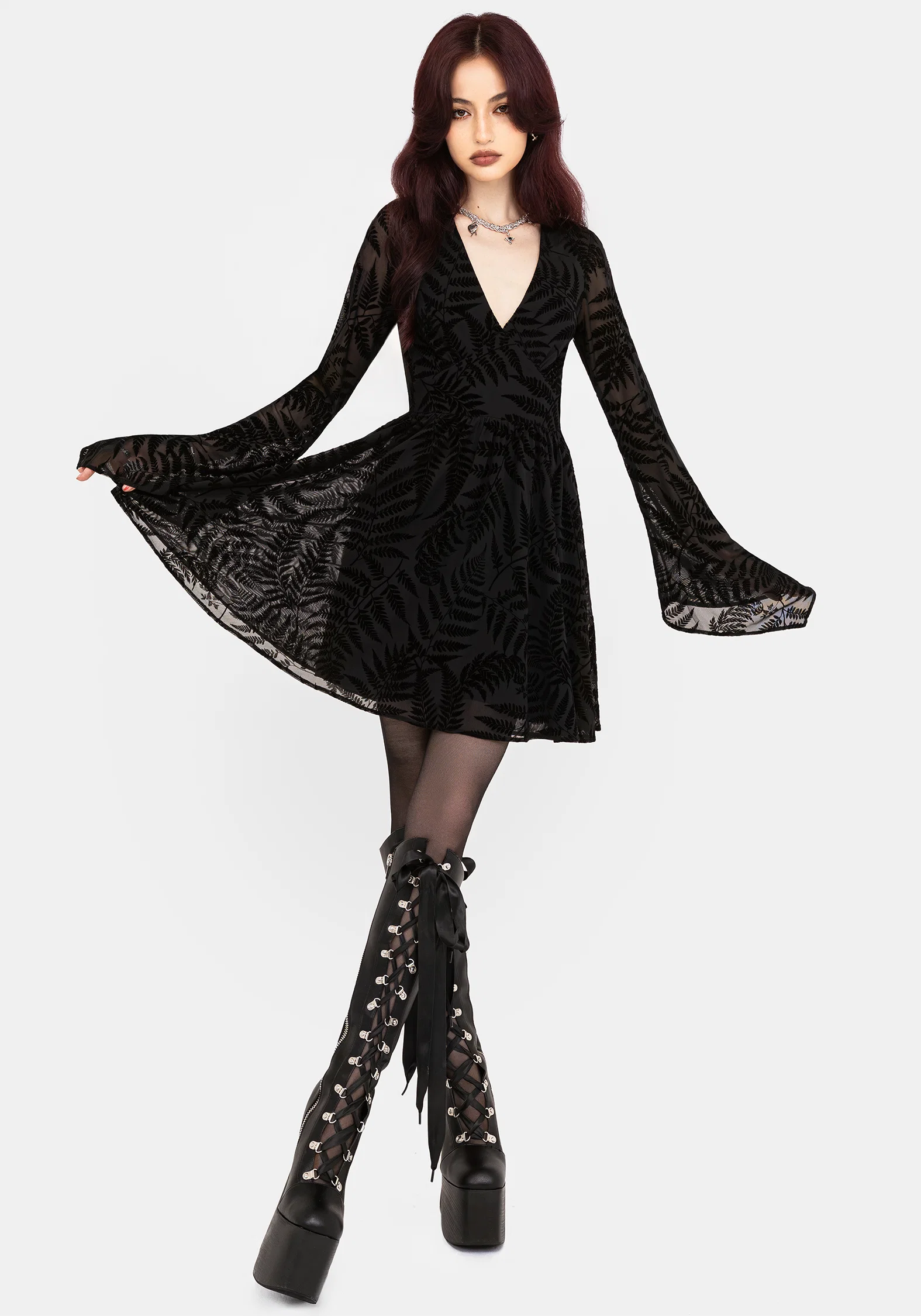 Lunafern Fern Leaf Flocked Mesh Flute Sleeve Mini Dress - Image 8
