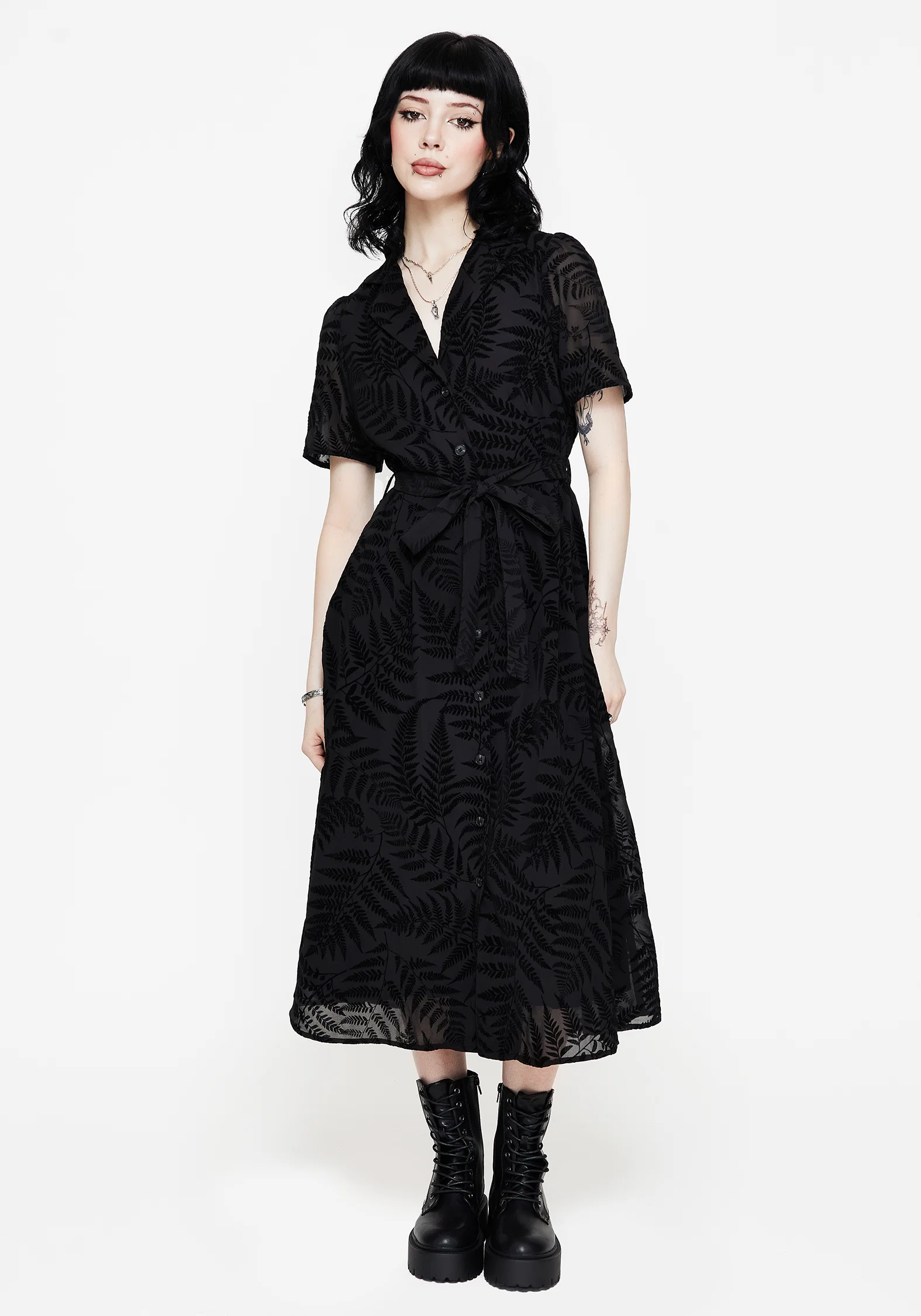 Lunafern Fern Printed Belted Midi Shirt Dress - Image 6