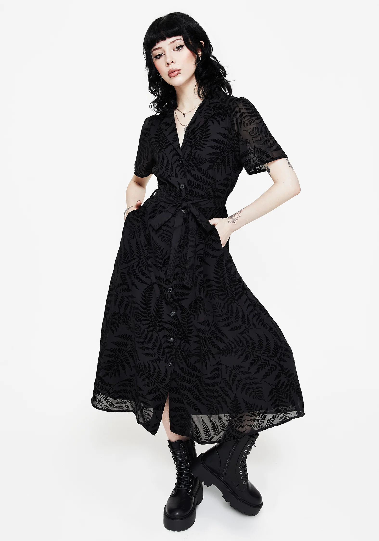 Lunafern Fern Printed Belted Midi Shirt Dress - Image 7