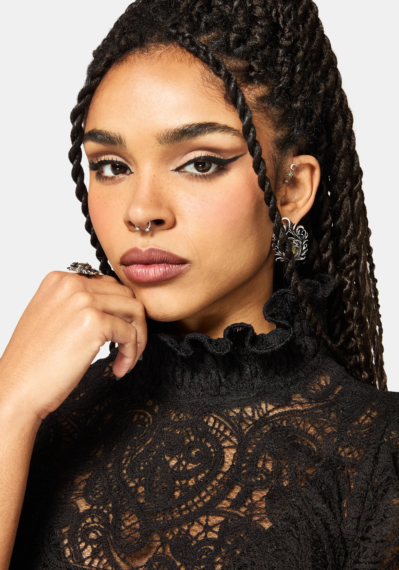 Lyra Lace Ruched High Neck Blouse - Black - Image 2