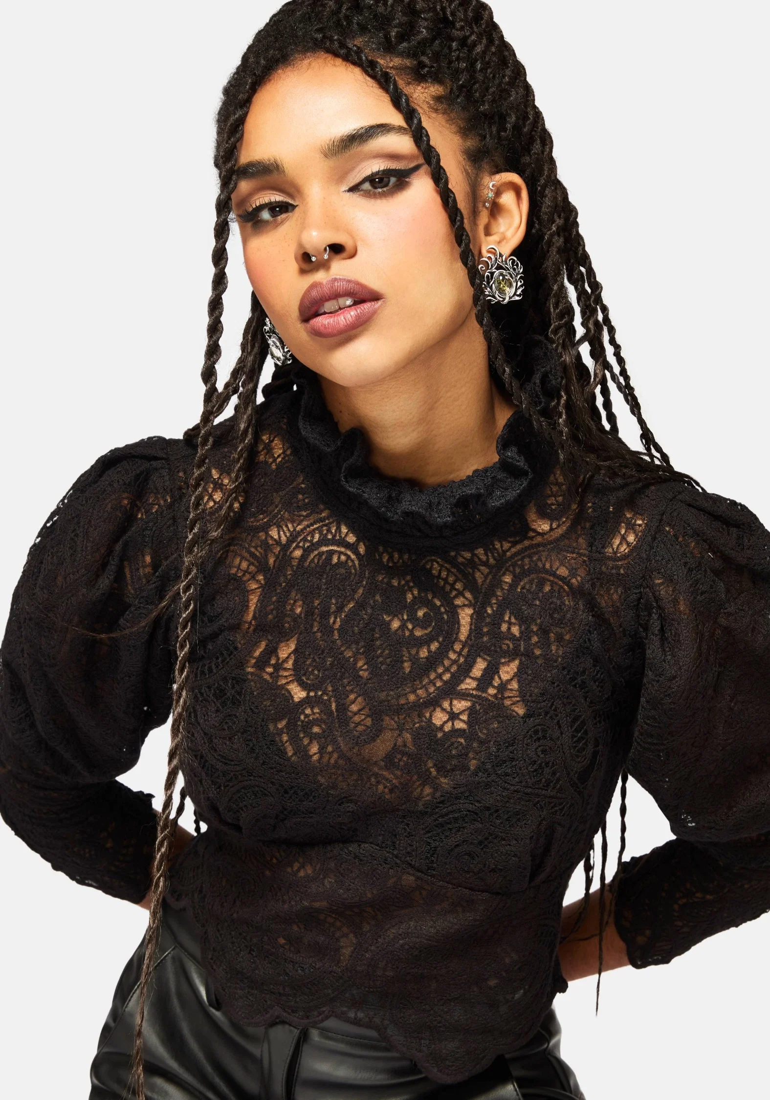 Lyra Lace Ruched High Neck Blouse - Black - Image 4