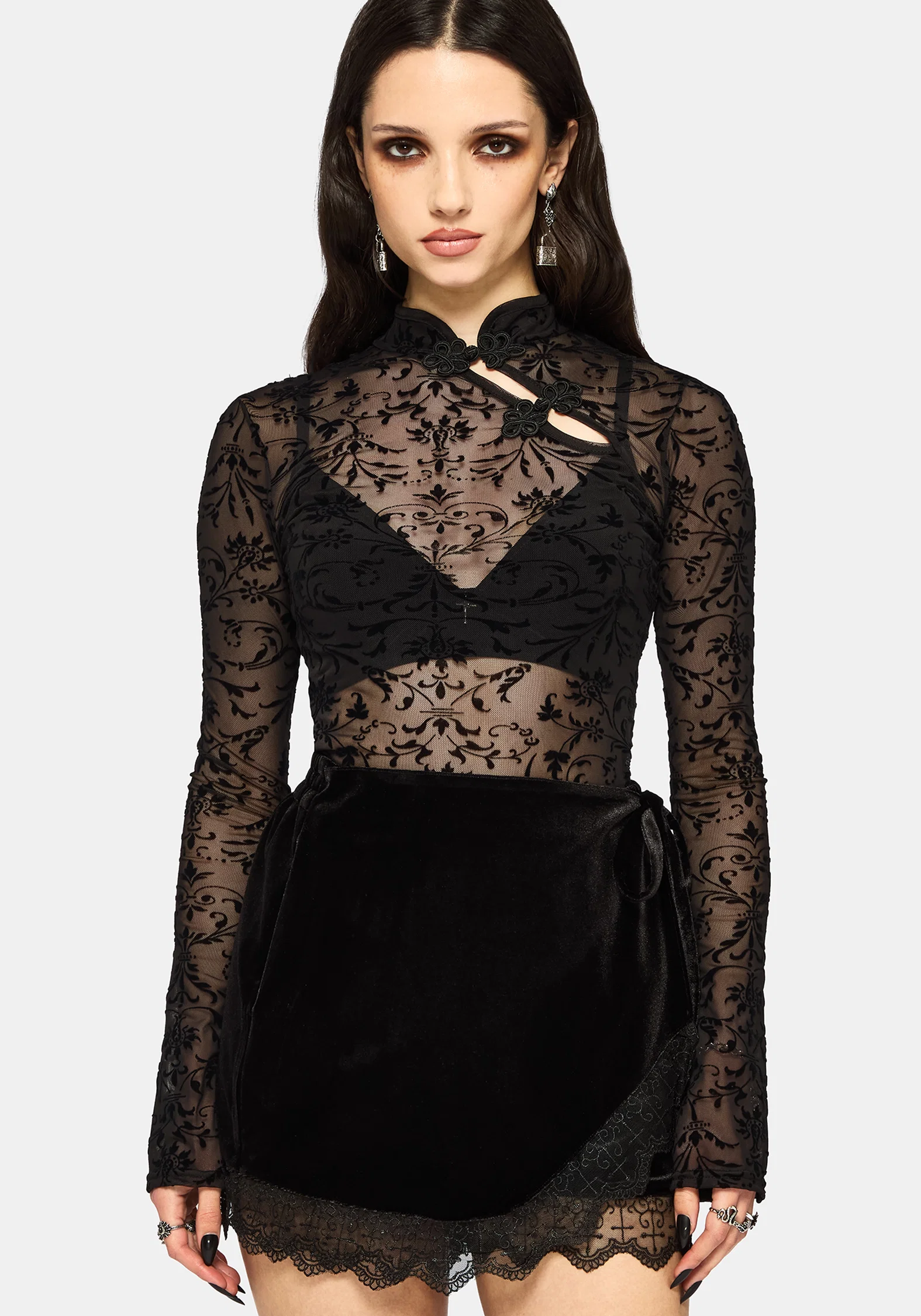 Mae Flock Mesh Asymmetric Long Sleeve Top - Image 4