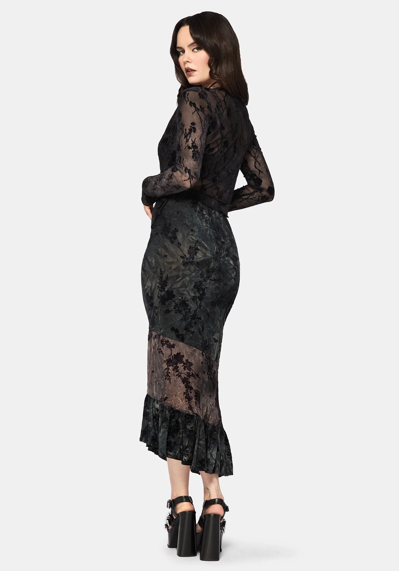 Maeira Tiered Grey Flocked Midaxi Skirt - Image 3
