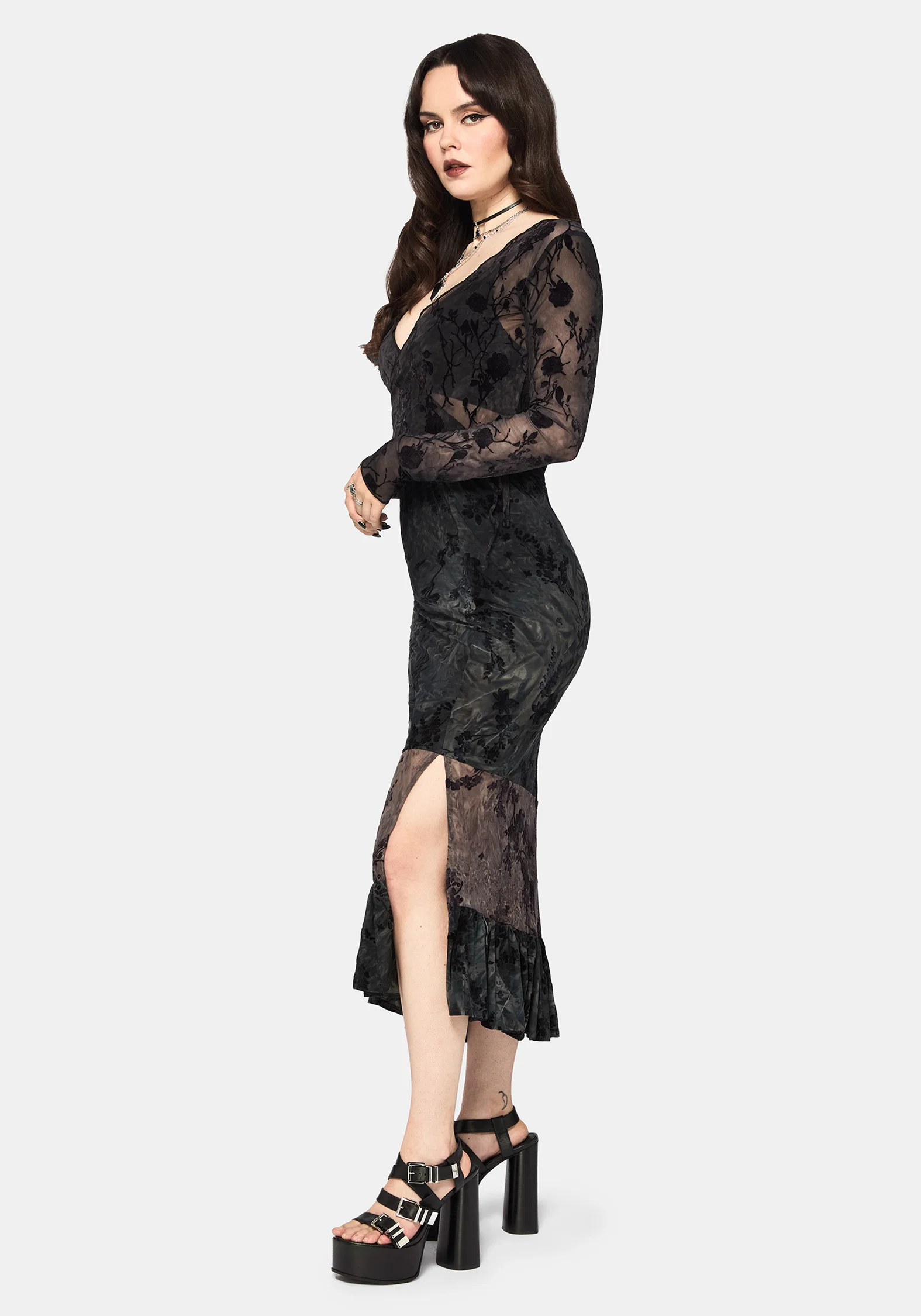 Maeira Tiered Grey Flocked Midaxi Skirt - Image 5