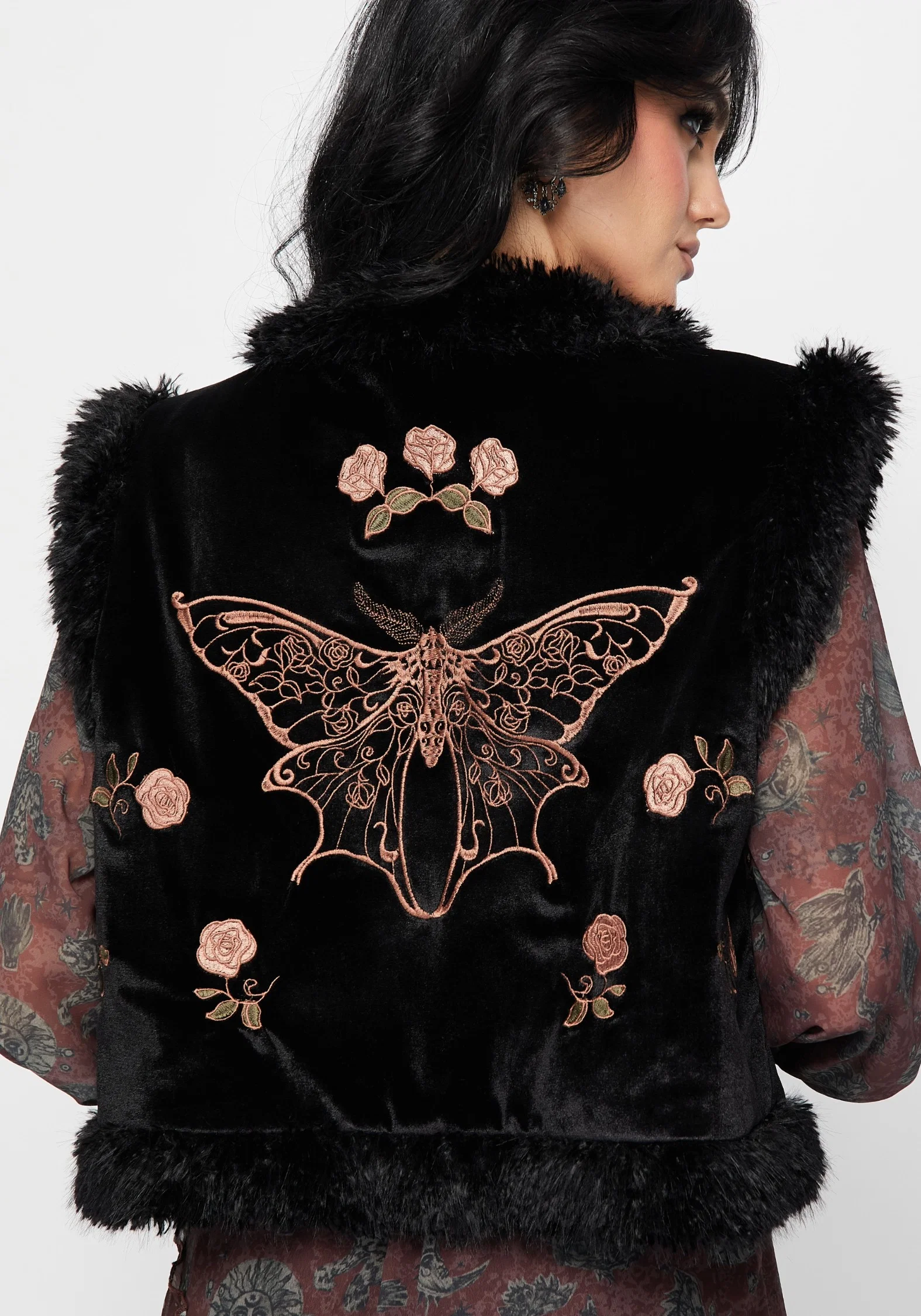 Maeve Faux Fur Embroidered Moth Gilet - Image 3