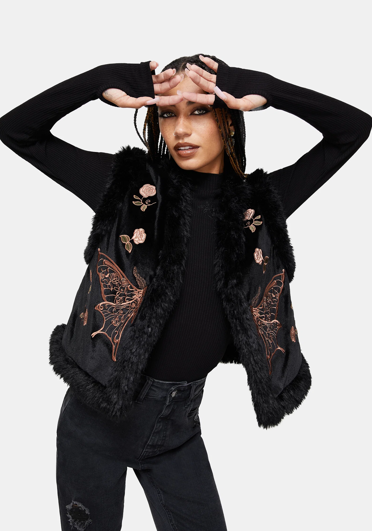 Maeve Faux Fur Embroidered Moth Gilet - Image 4