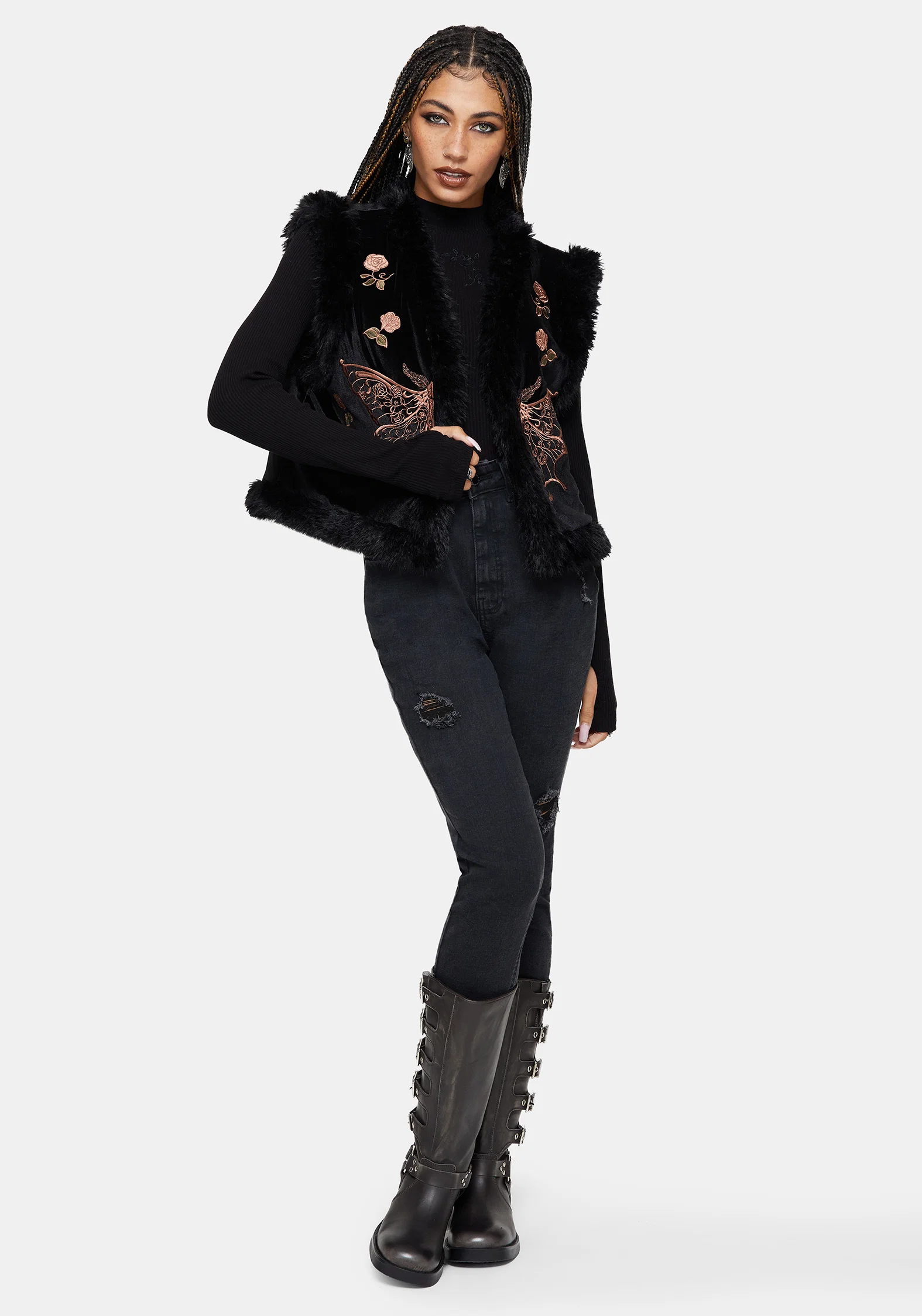 Maeve Faux Fur Embroidered Moth Gilet - Image 6