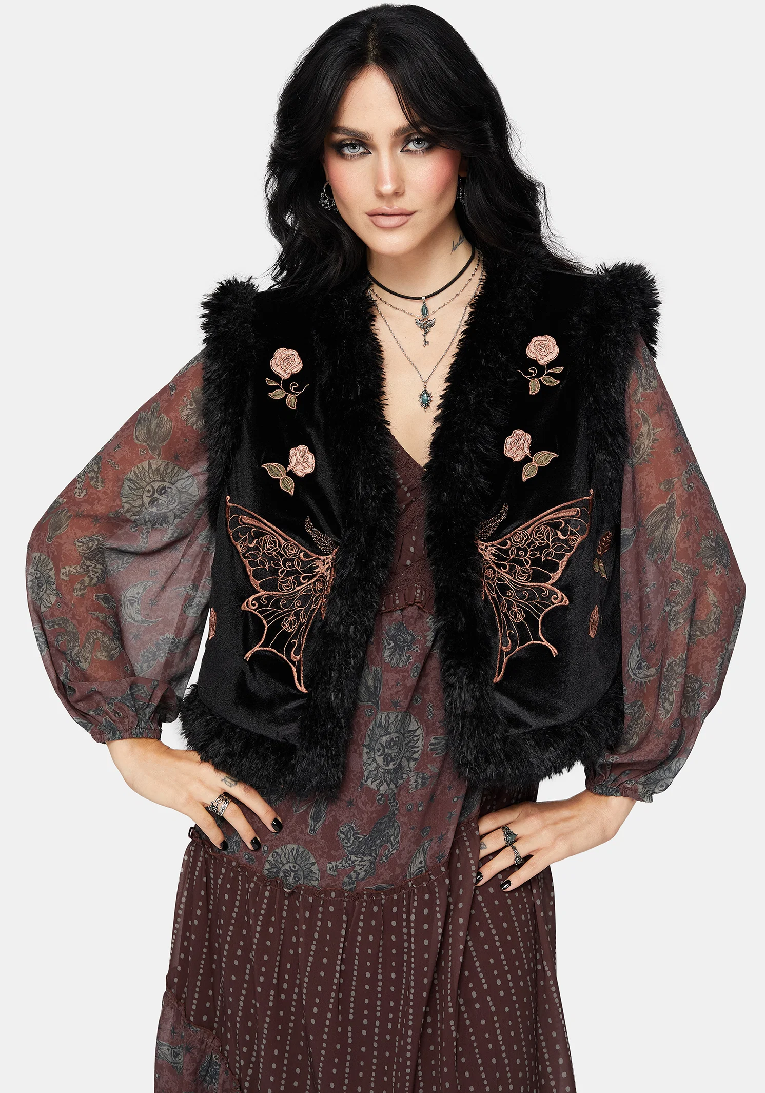 Maeve Faux Fur Embroidered Moth Gilet - Image 9