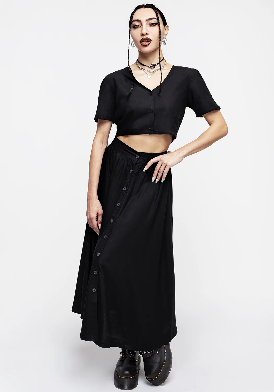 Maidenhair Button Down Midi Skirt - Midnight Black - Image 7