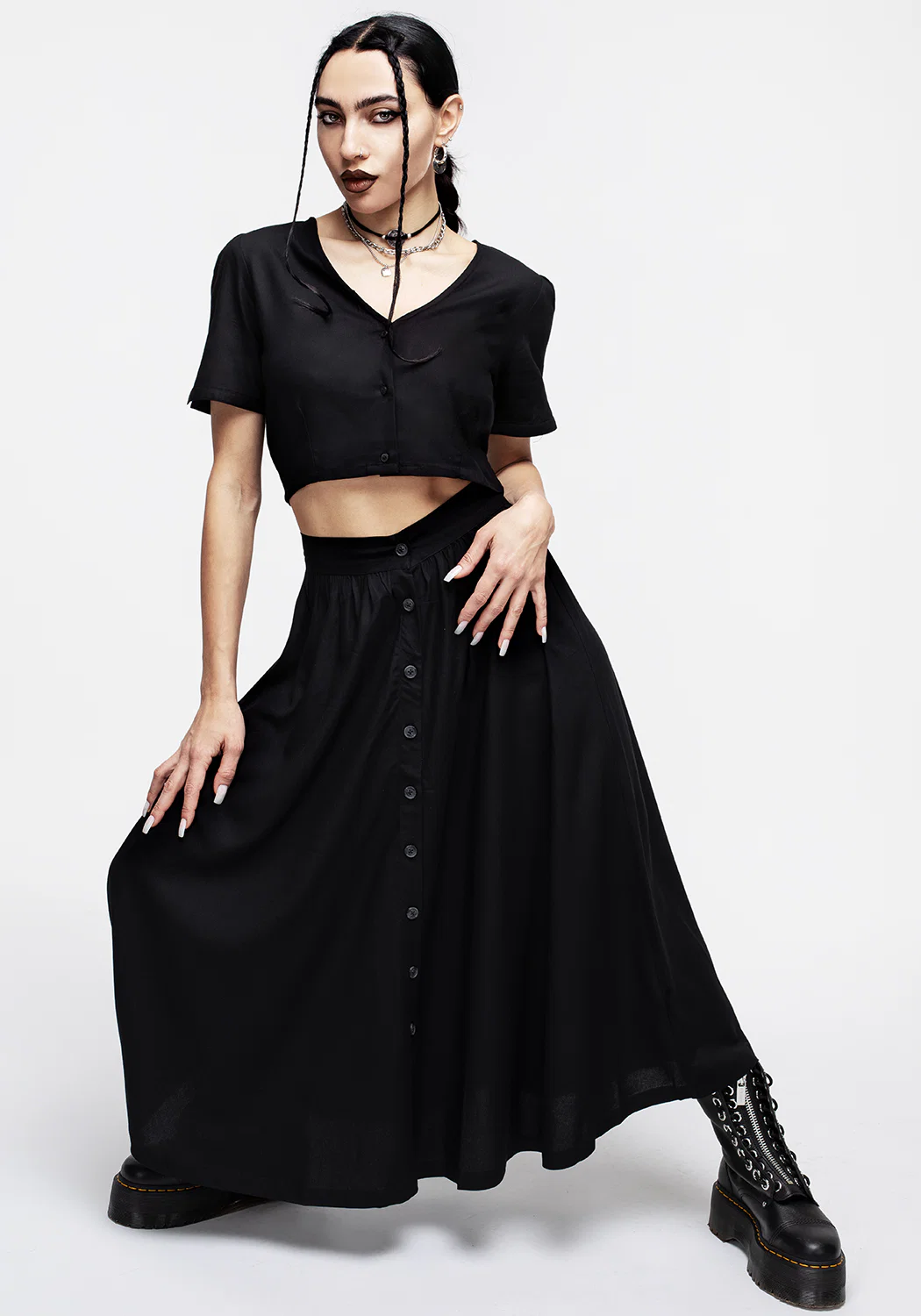 Maidenhair Button Down Midi Skirt - Midnight Black - Image 8
