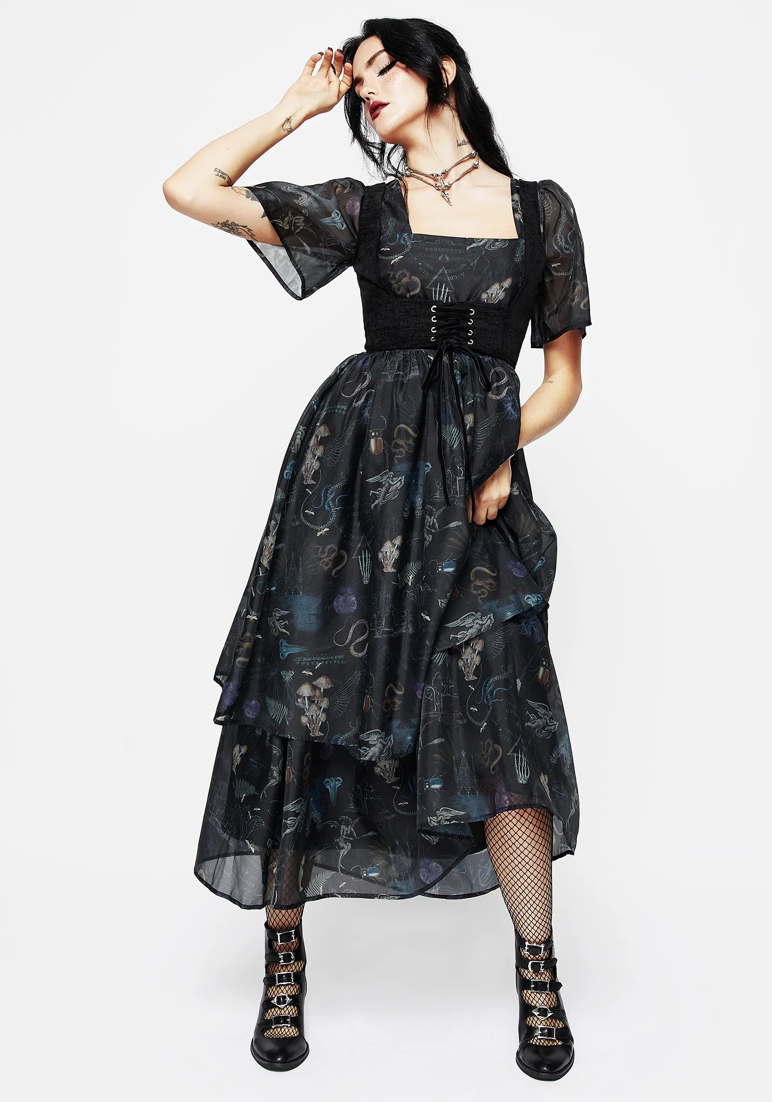 Maudeline Victoriana Print Layered Organza Midaxi Dress - Image 6