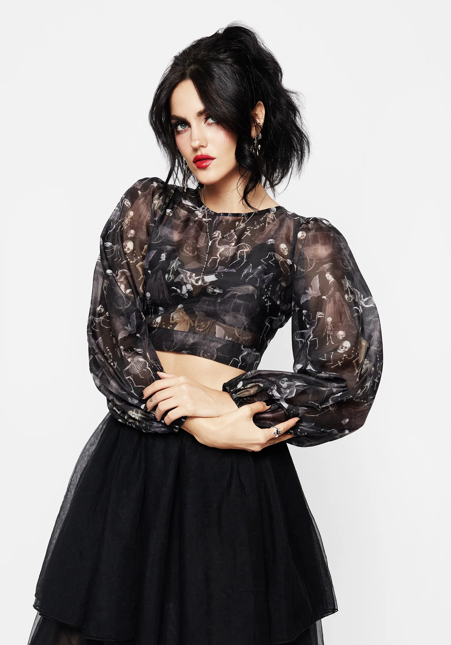 Melancholia Puff Sleeve Tie Back Organza Crop Top - Image 3