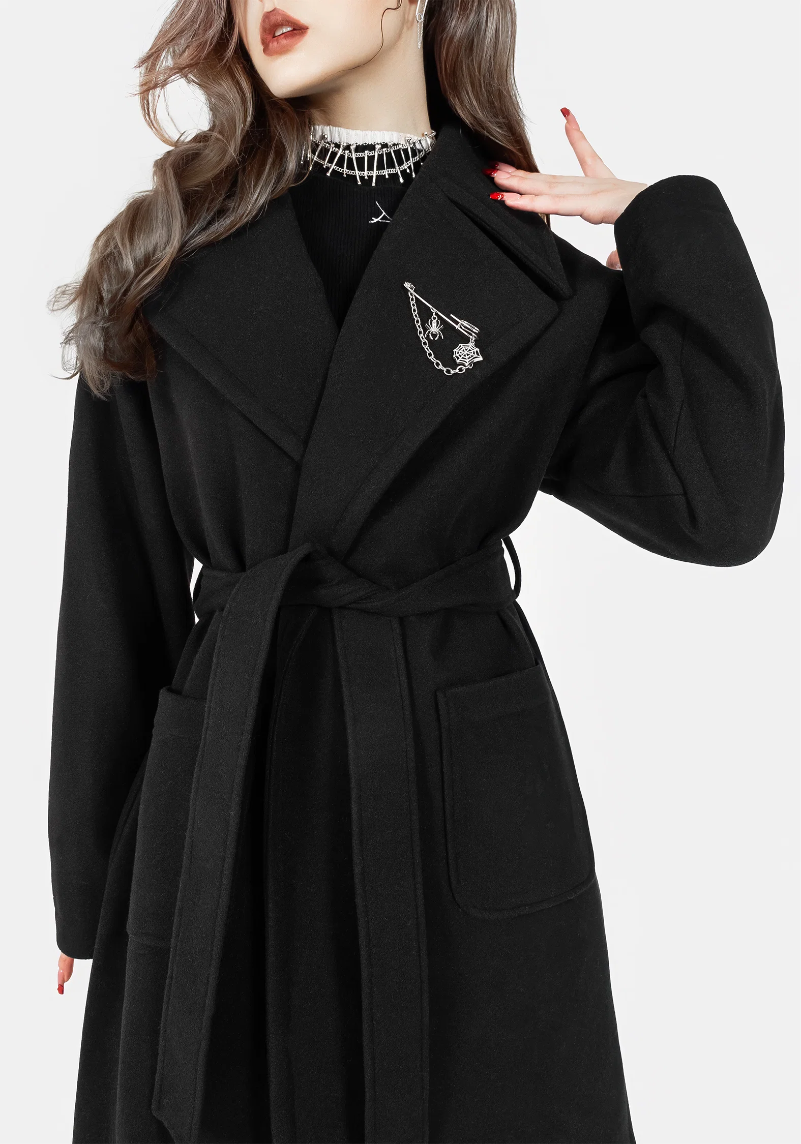 Meltdown Oversized Coat with Brooch - Black - Image 8