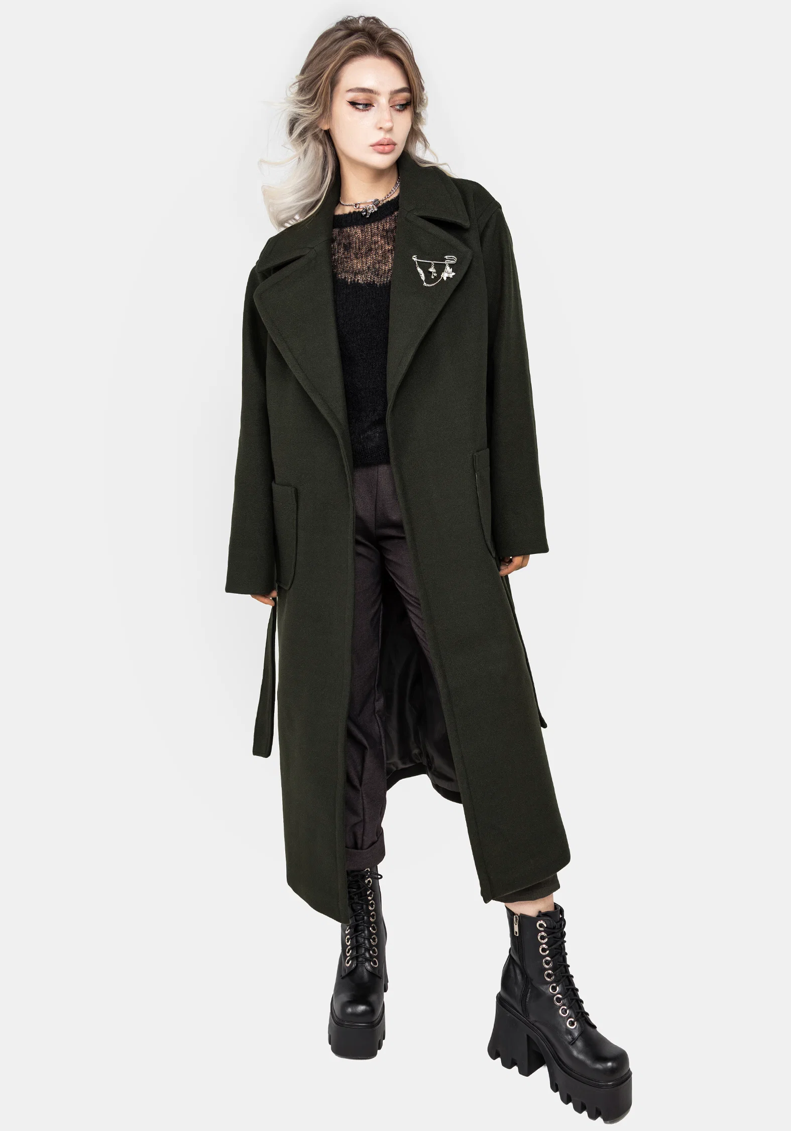 Meltdown Oversized Coat with Brooch - Green - Image 5