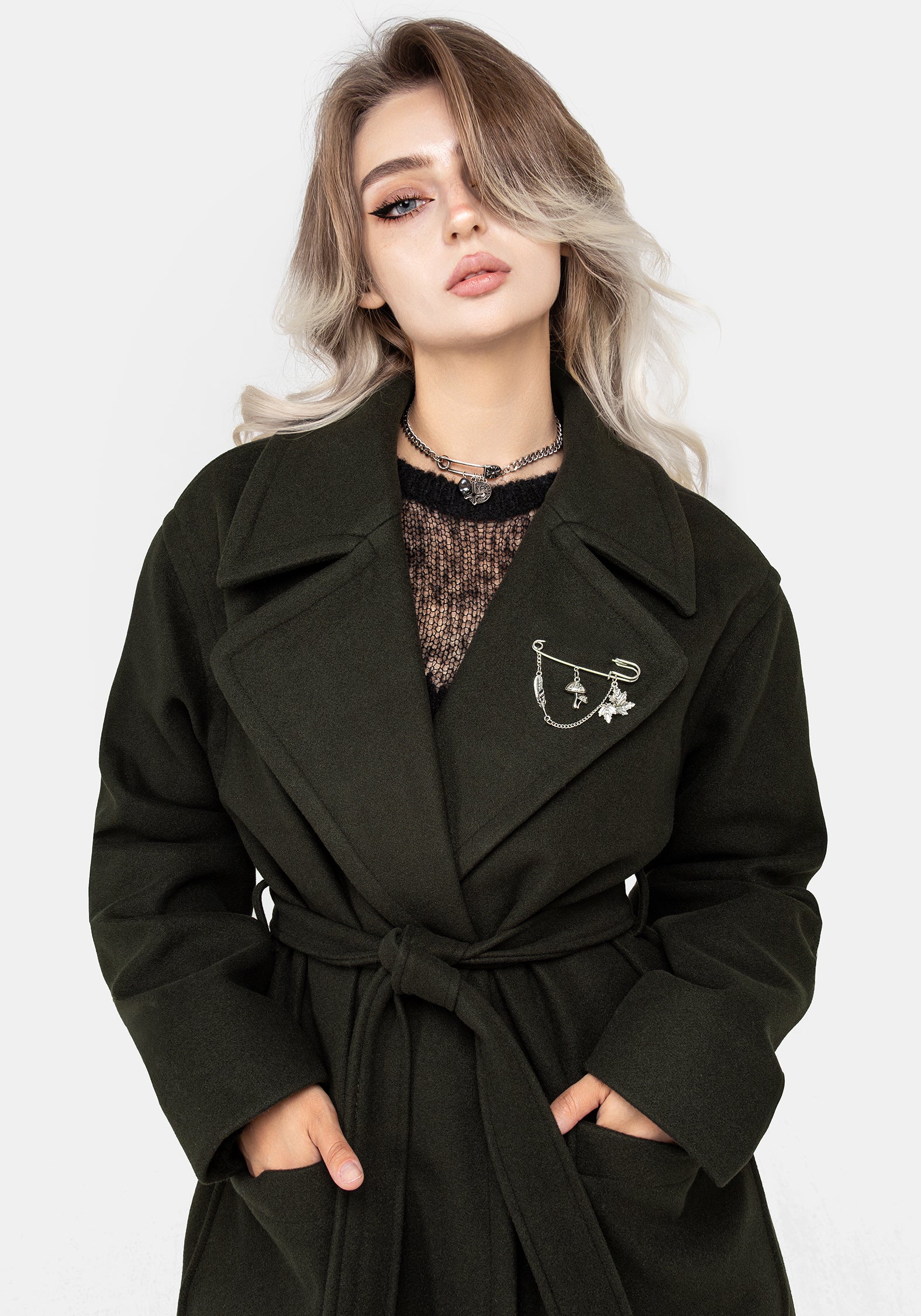 Meltdown Oversized Coat with Brooch - Green - Image 6