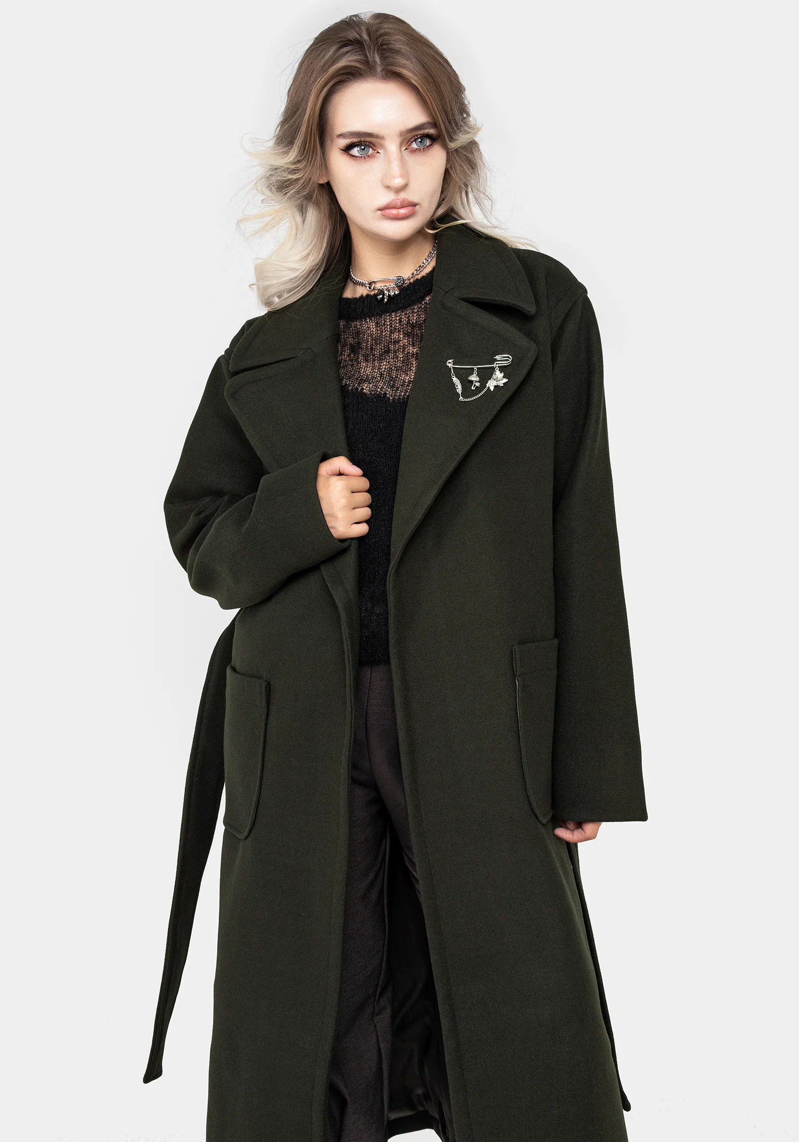 Meltdown Oversized Coat with Brooch - Green - Image 8