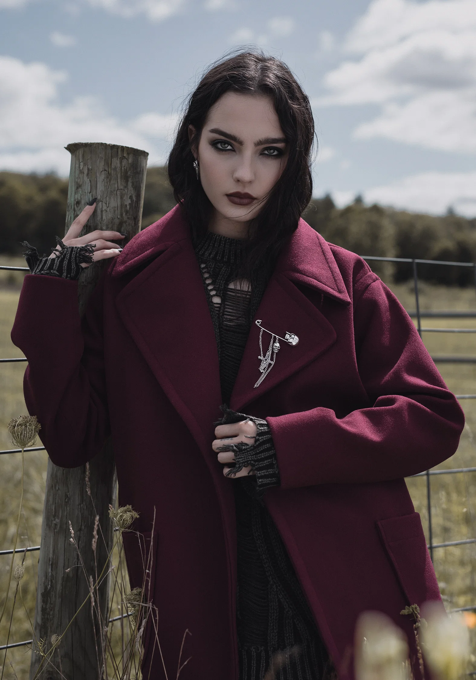 Meltdown Oversized Coat with Brooch - Red - Image 12