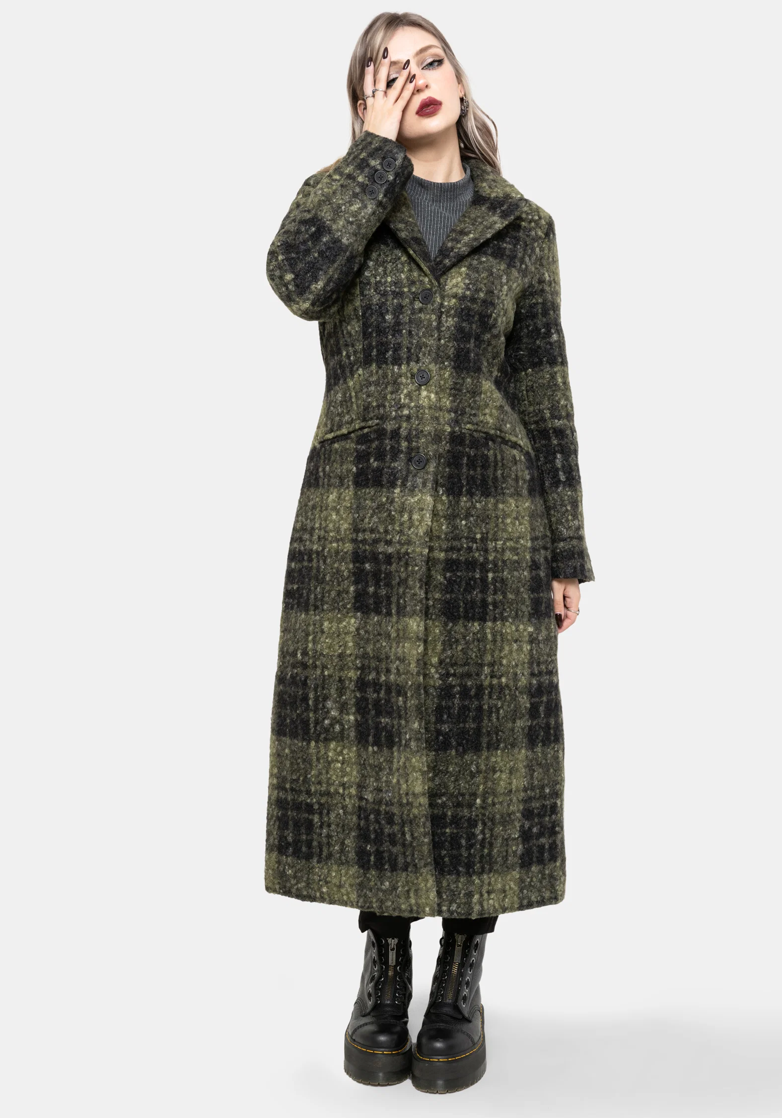 Memory Borg Check Longline Coat - Green - Image 4