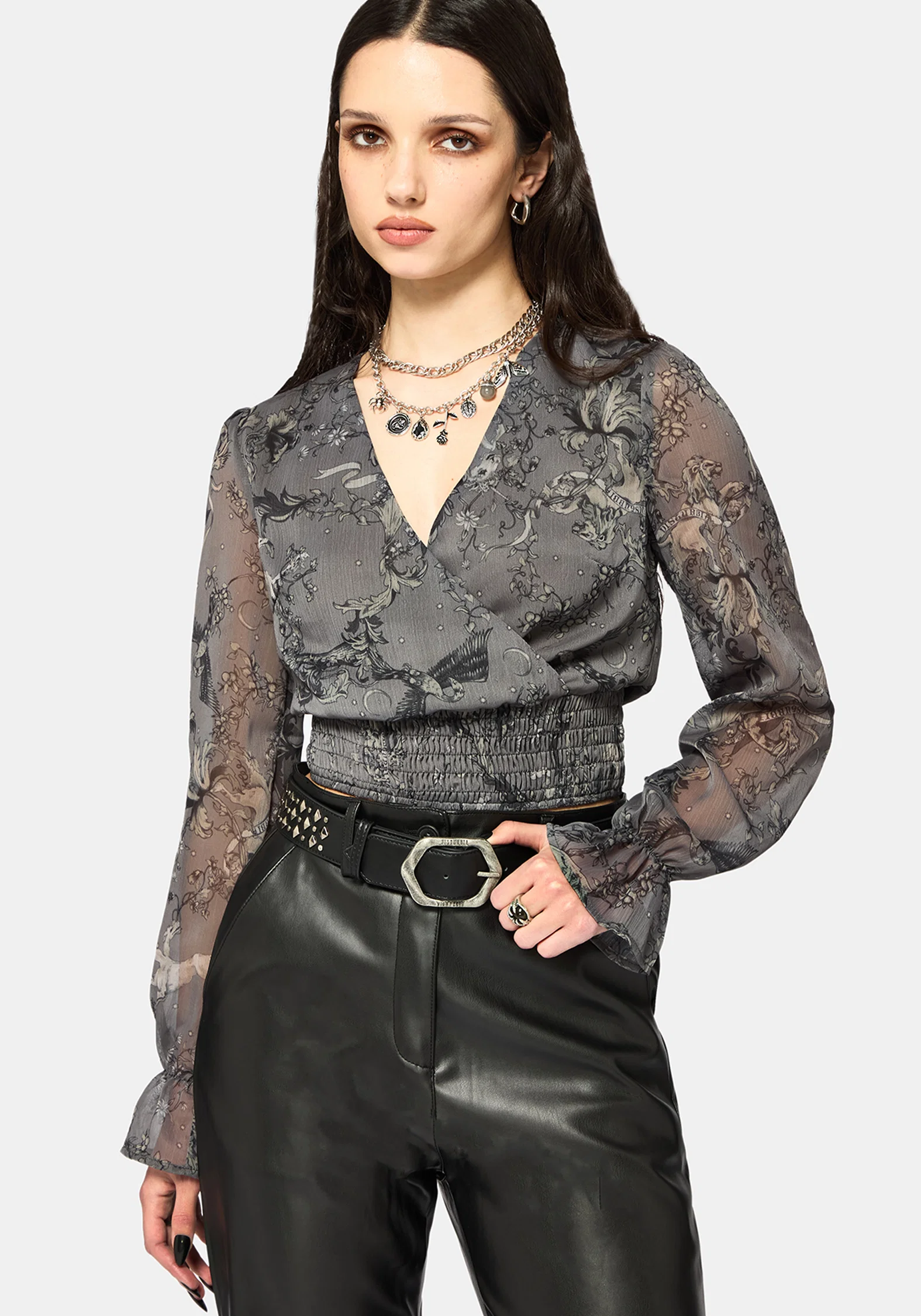 Merunicorn Enchanted Forest Grey Chiffon Wrap Top - Image 5