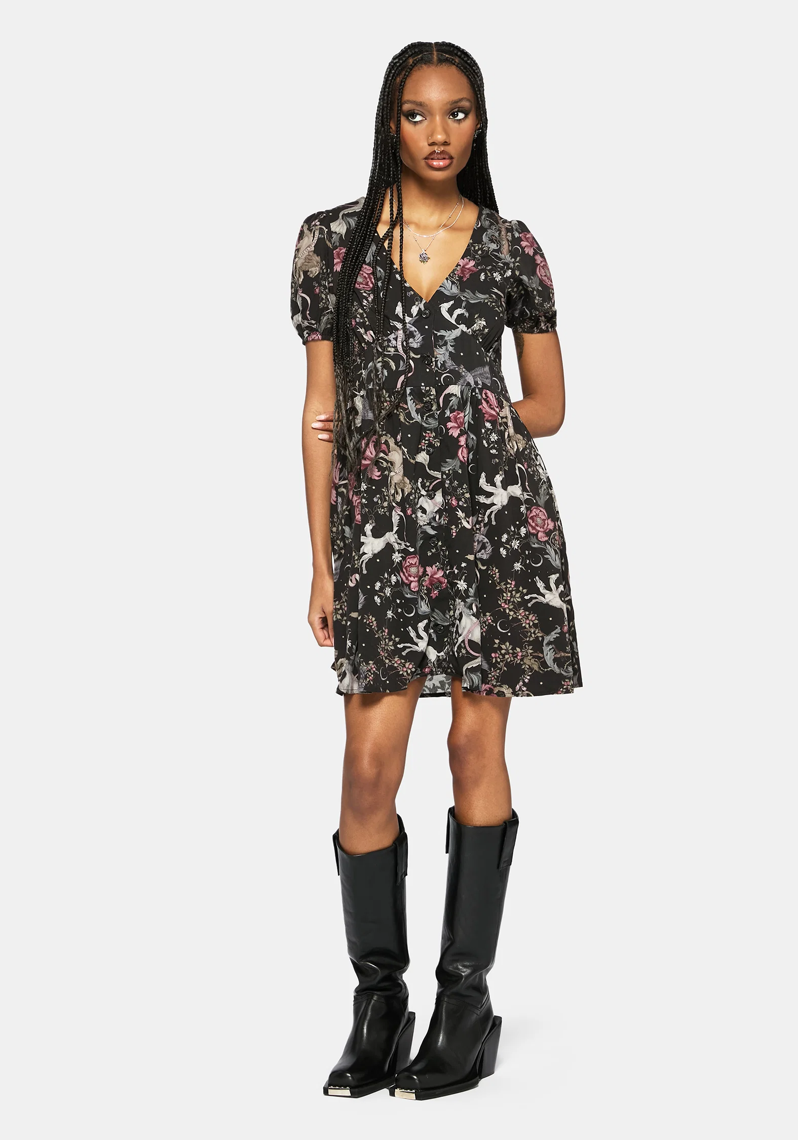 Merunicorn Enchanted Forest Print Button Up Mini Dress - Image 4